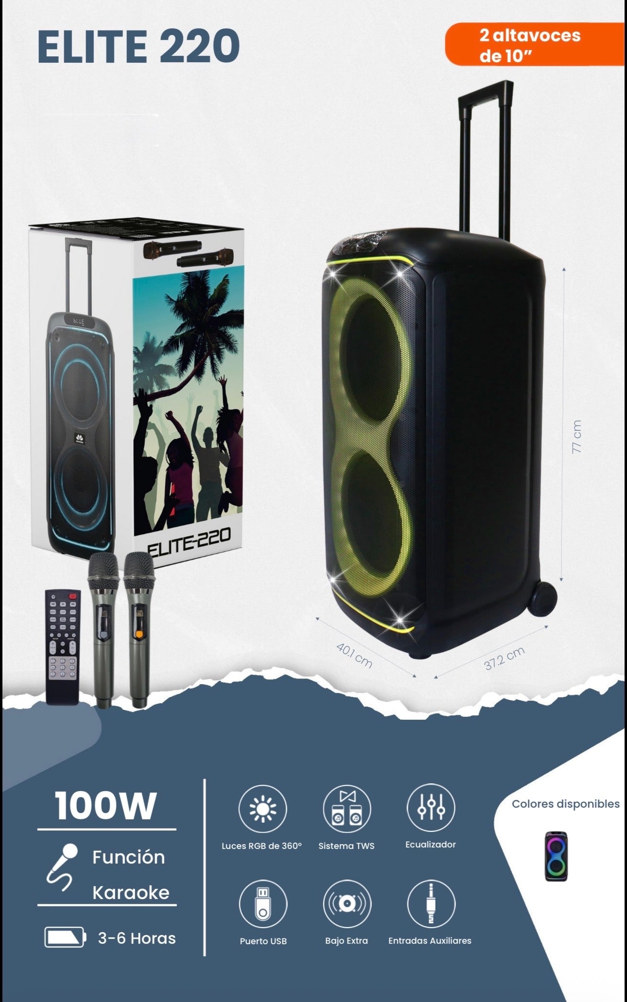 La cabina amplificada Movisun Elite 220 es un sistema de sonido portátil tipo torre diseñado para fiestas y eventos de karaoke. Se destaca por su potencia de 100W y un sistema de iluminación LED RGB de 360° que crea un ambiente festivo