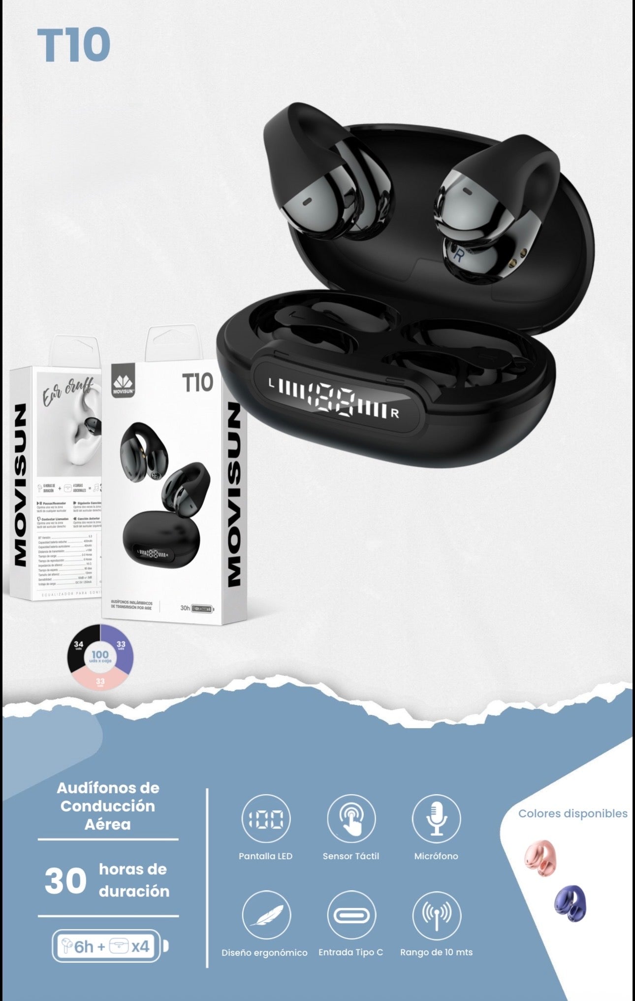 Auricular inalámbrico Movisun T10, un modelo inalámbrico que utiliza tecnología de conducción aérea (transmisión por aire)