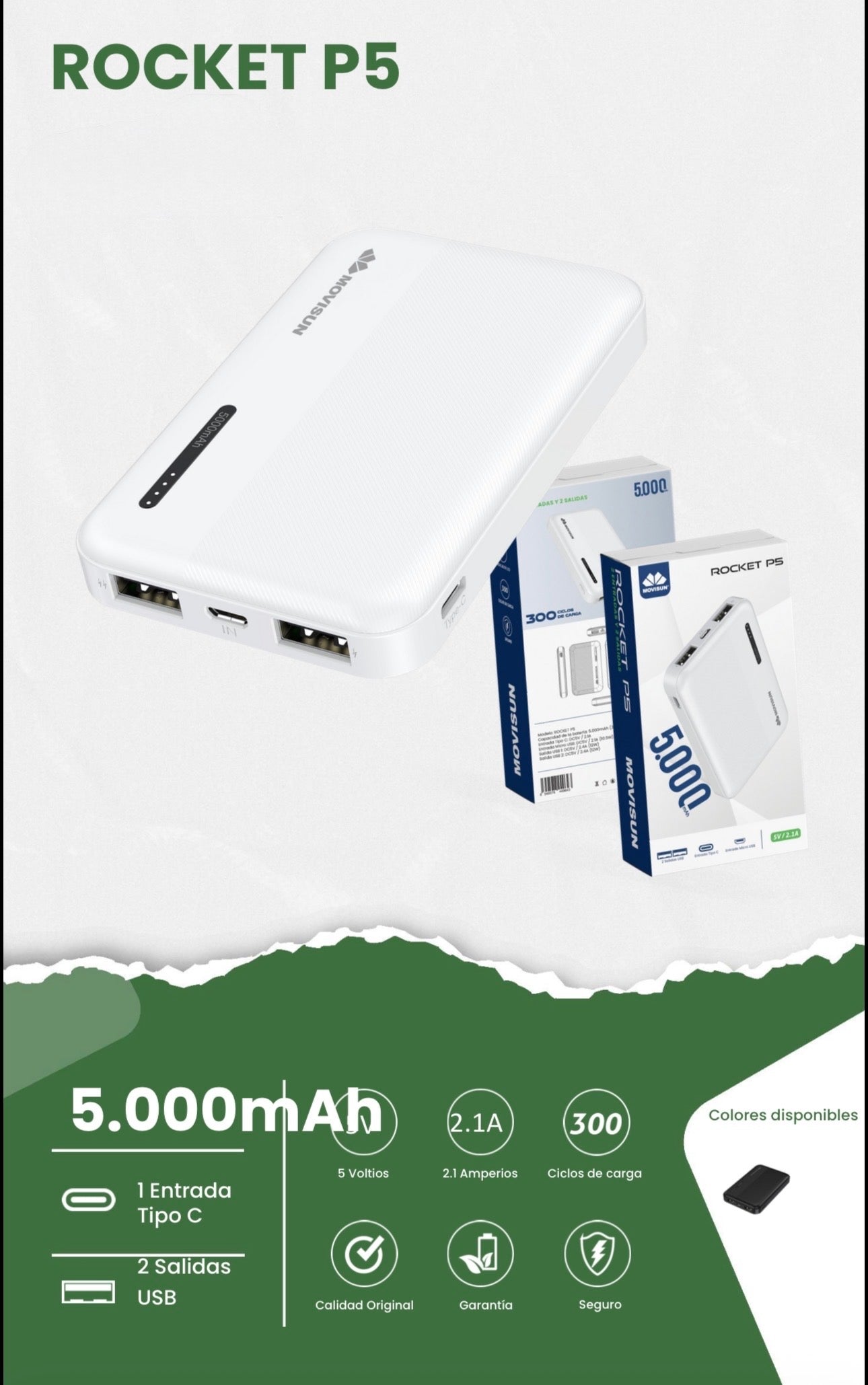 Power bank 5000mah portatil Movisun Rocket P5, una batería externa diseñada para ofrecer energía adicional de manera compacta y eficiente