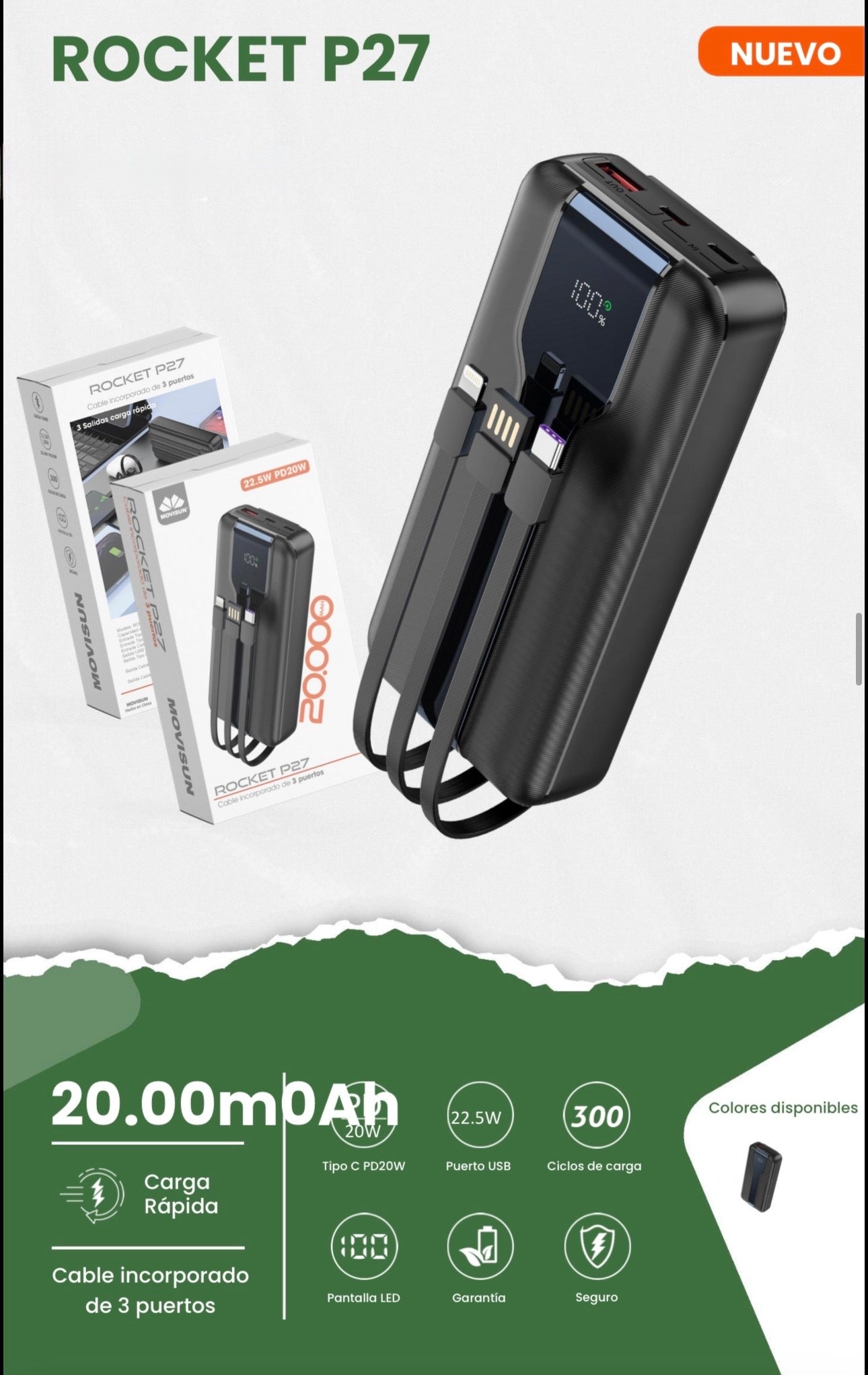 Power bank 20.000mah movisum p27 un cargador portátil de alta capacidad diseñado para ofrecer versatilidad y carga rápida en un formato compacto