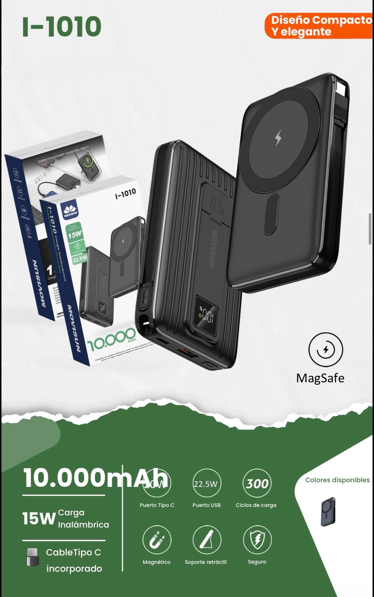 Power bank 10.00mah Movisun I-1010, un banco de energía inalámbrico y magnético diseñado para ofrecer una solución de carga versátil y portátil.