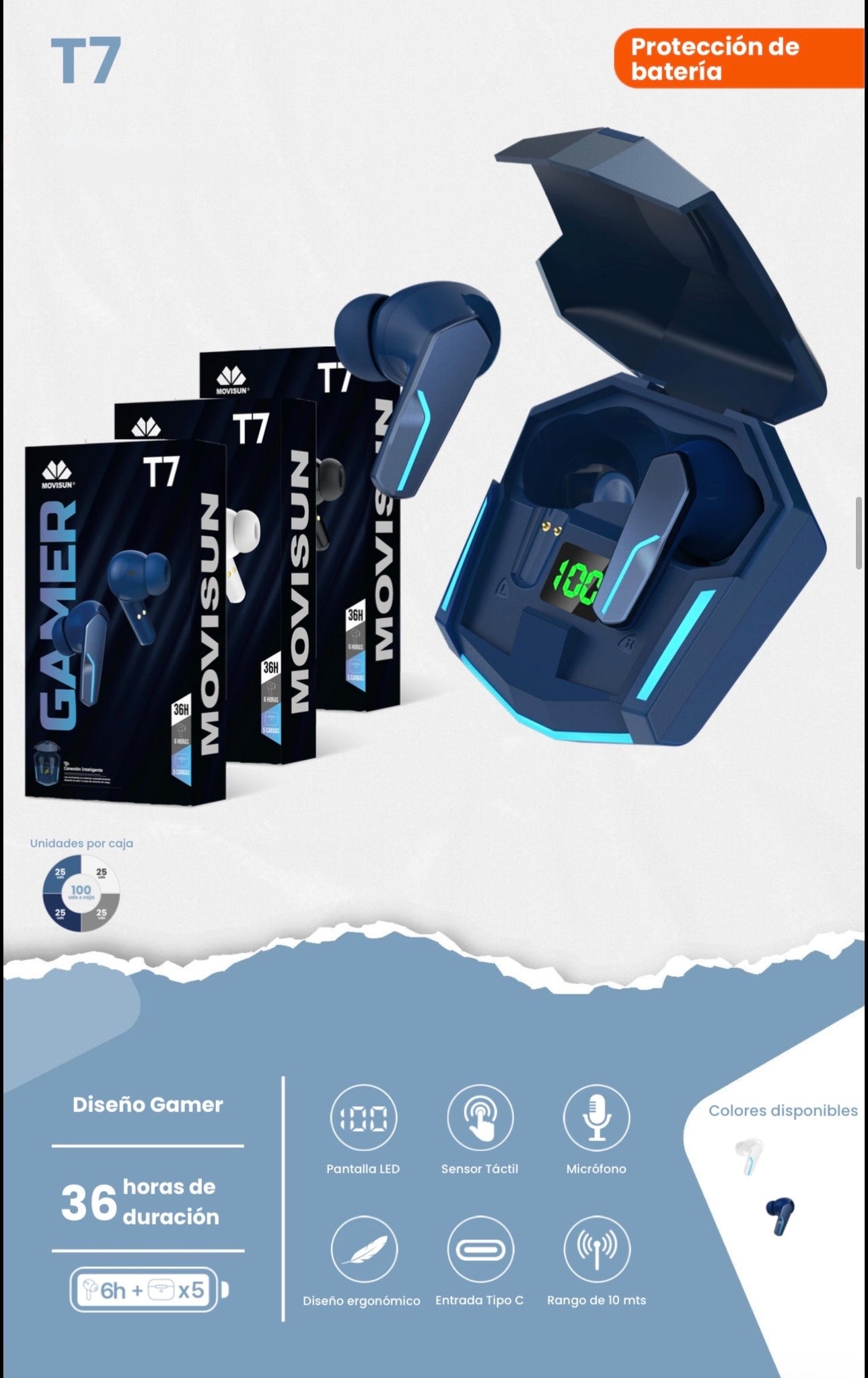 Auricular inalámbrico Movisun T7, una opción popular dentro de la categoría de audio "gamer" por su diseño futurista y luces LED