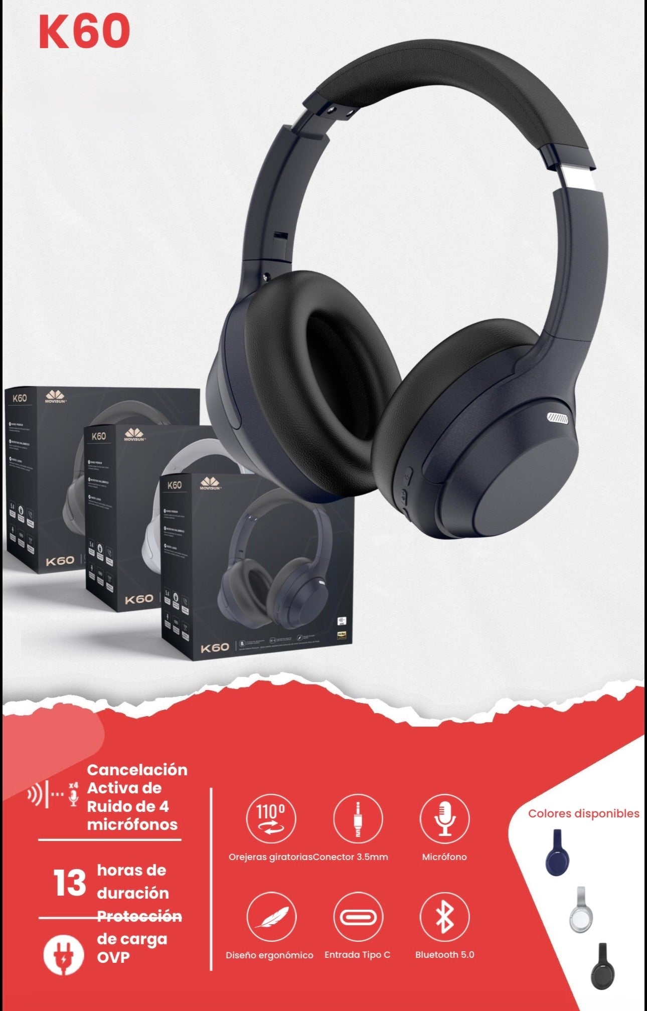 Diadema Movisun K60, un modelo  diseñado para ofrecer una experiencia inmersiva con tecnología de cancelación de ruido
