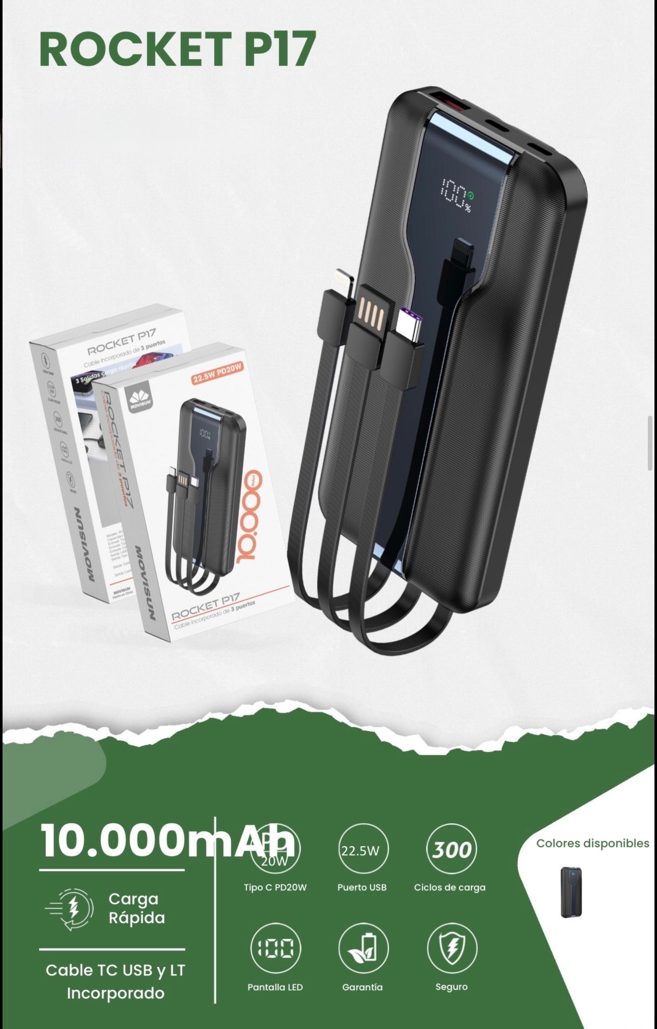 Power bank 10.000mah Rocket P17,  diseñado para ofrecer una carga rápida y versátil