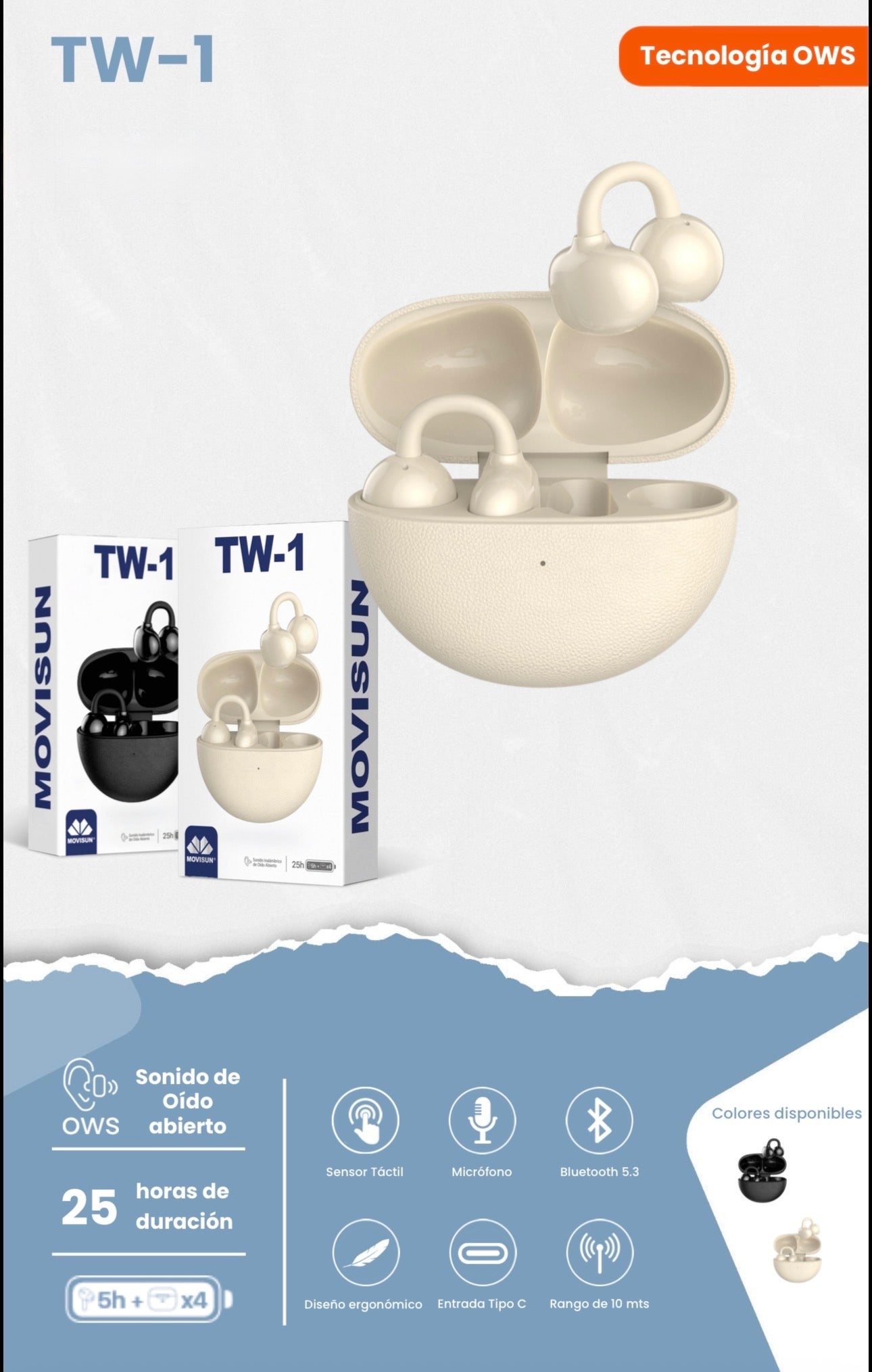 Auricular inalámbrico Movisun TW-1,  un modelo de diseño abierto con tecnología OWS (Open Wearable Stereo)
