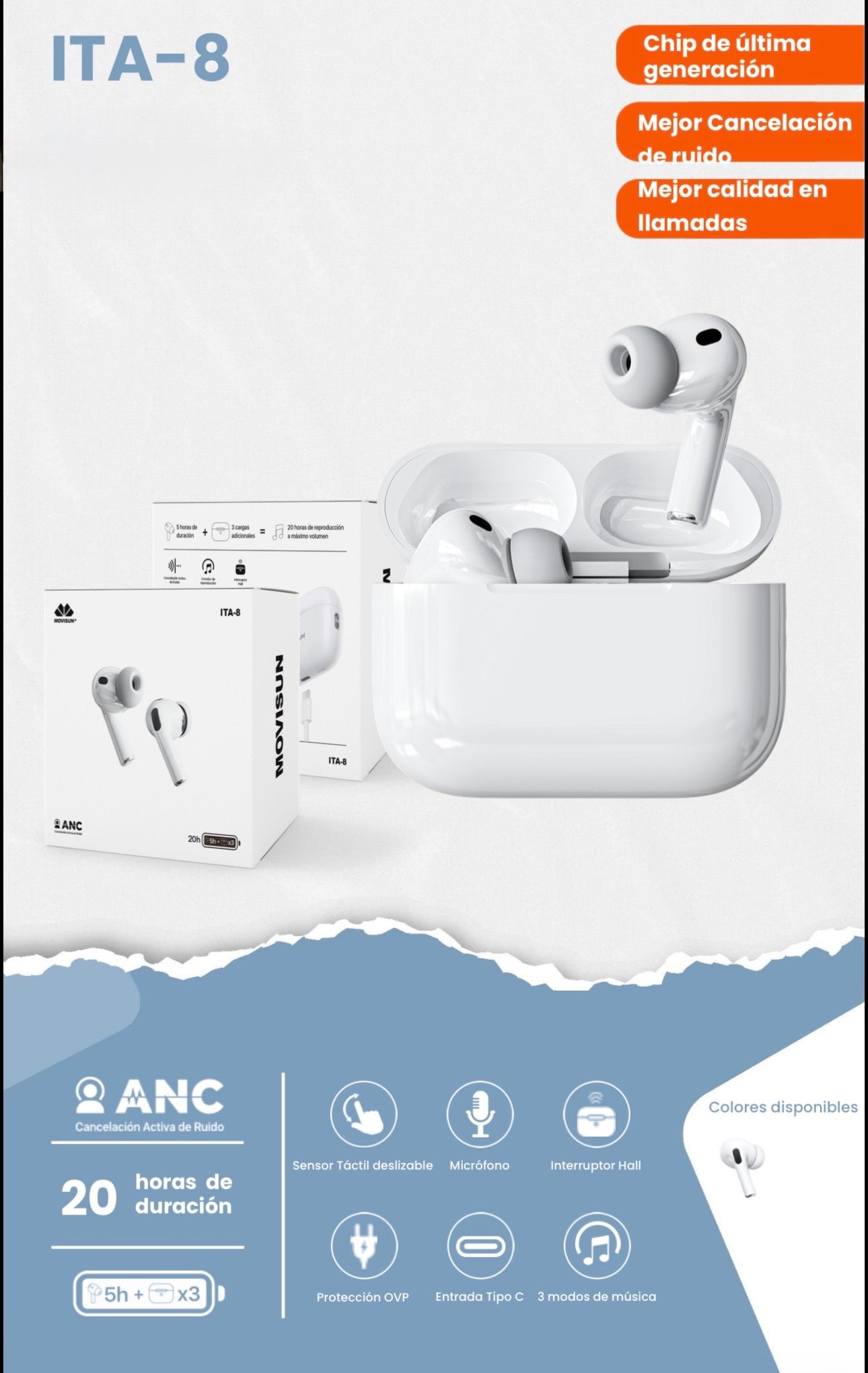Auricular inalámbrico ITA-8 de la marca Movisun, un modelo con diseño inspirado en los AirPods Pro de Apple.