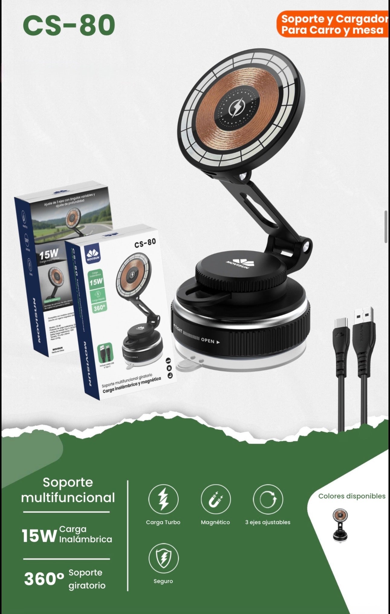Soporte Giratorio Carga Inalámbrica Y Magnética Movisun CS-80