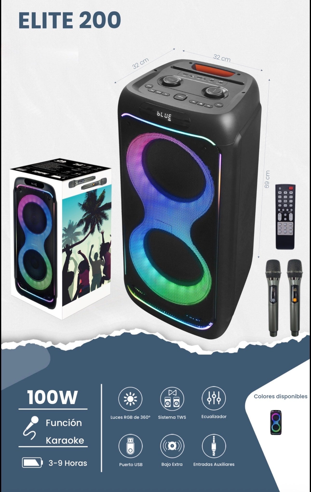 Movisun Elite 200, una cabina de sonido o parlante para fiestas diseñado para ofrecer potencia y versatilidad en eventos como karaoke