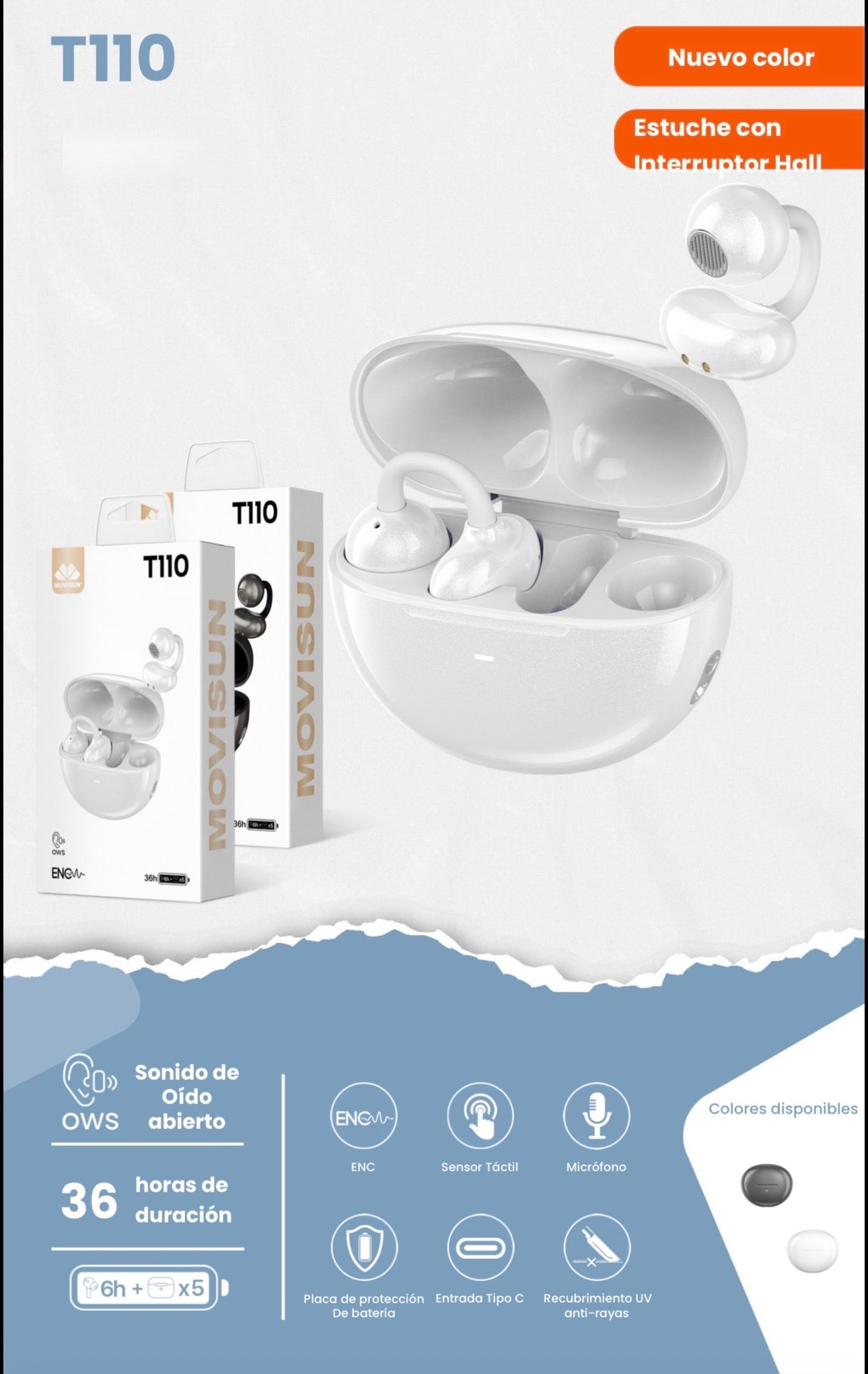 Auricular inalámbrico Movisun T110, un modelo de tipo OWS (Open-Ear) diseñado para ofrecer sonido de oído abierto sin aislarte por completo del entorno.