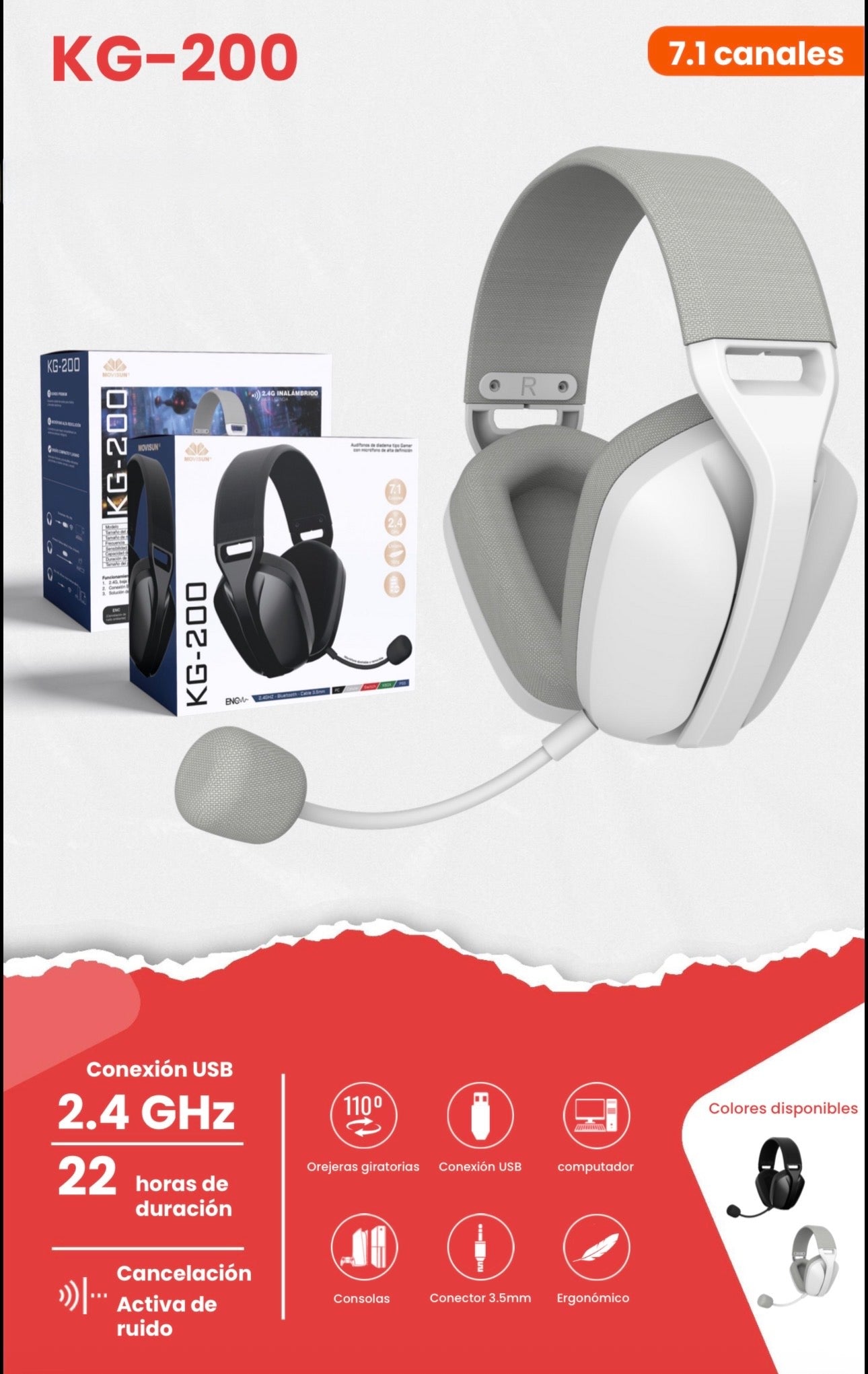 Diadema Movisun KG-200, específicamente para el entorno gaming que destaca por su sonido envolvente virtual de 7.1 canales