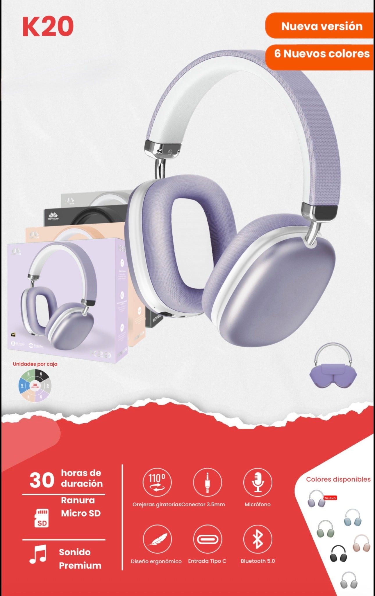 Diadema Movisun K20, inalámbrica de tipo over-ear diseñada para ofrecer una experiencia de sonido envolvente con un enfoque en la música latinoamericana