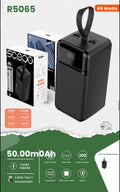 Power Bank 50.000mah Movisun R5065, una batería portátil de alta capacidad y potencia (65W) diseñada para cargar tanto smartphones como computadoras portátiles