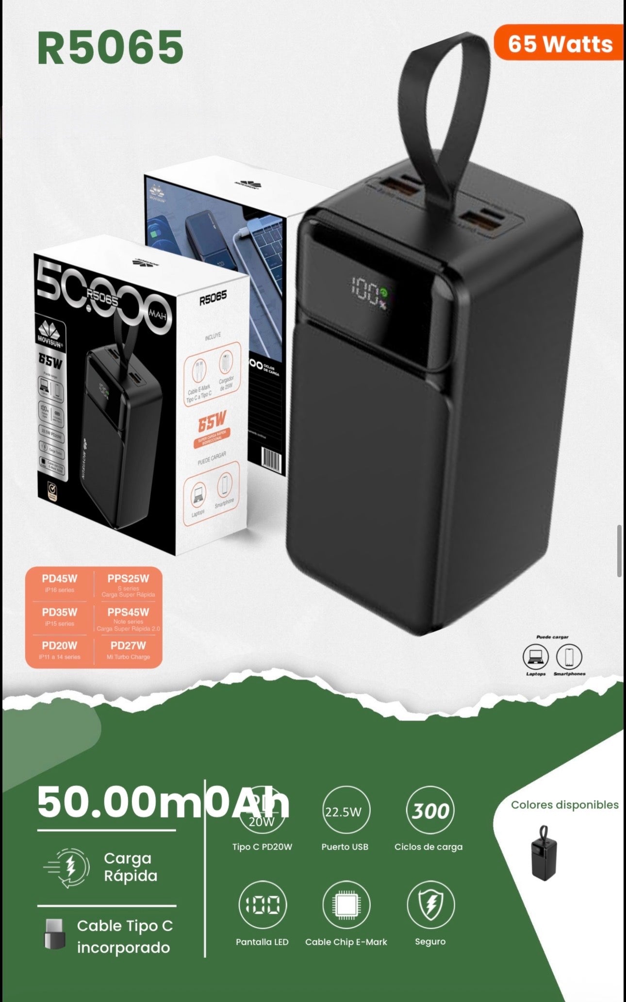 Power Bank 50.000mah Movisun R5065, una batería portátil de alta capacidad y potencia (65W) diseñada para cargar tanto smartphones como computadoras portátiles