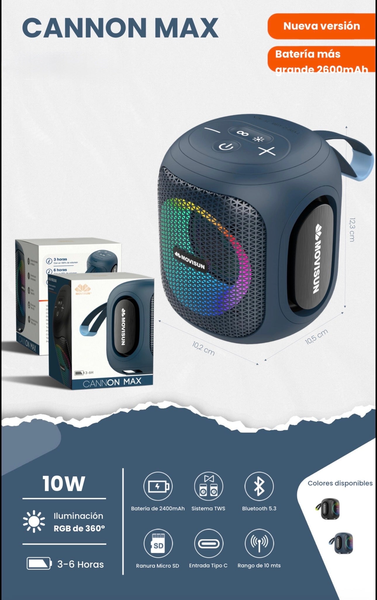 Movisun Cannon Max, un parlante Bluetooth portátil de 10W que destaca por su diseño compacto con iluminación RGB de 360°