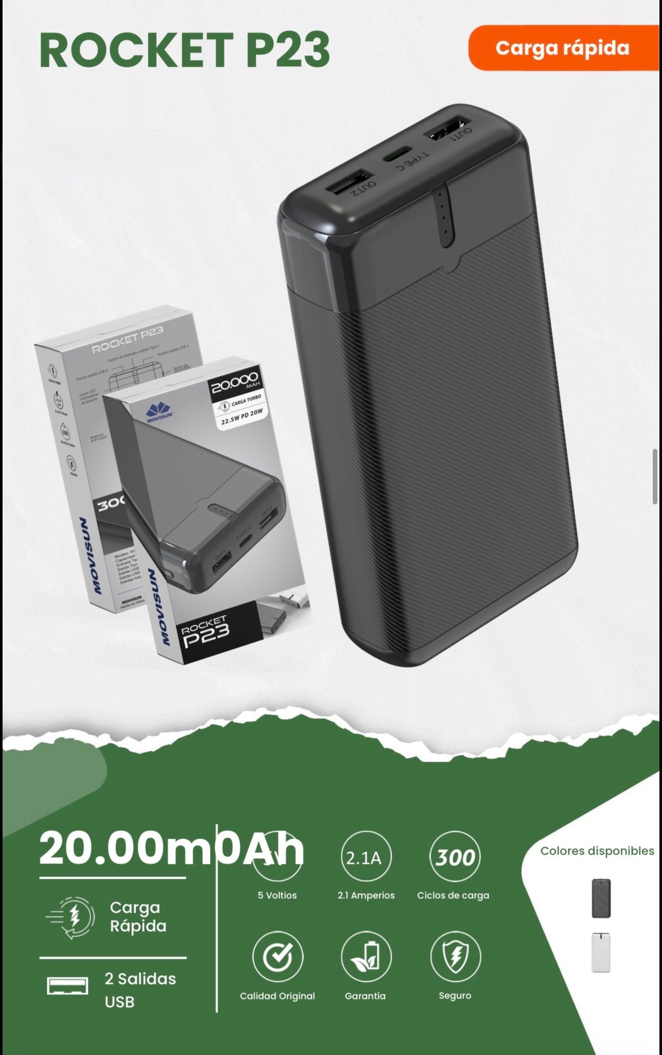 Power bank 20.000mah Movisun Rocket P23, diseñado para ofrecer varias cargas completas a smartphones y otros dispositivos móviles