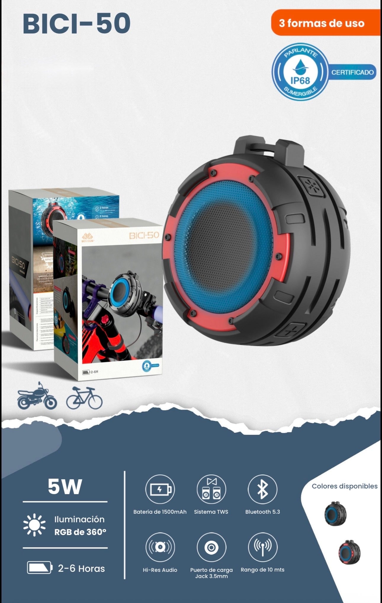 parlante Movisun BICI-50, un altavoz portátil diseñado específicamente para exteriores, especialmente para su uso en bicicletas y motocicletas