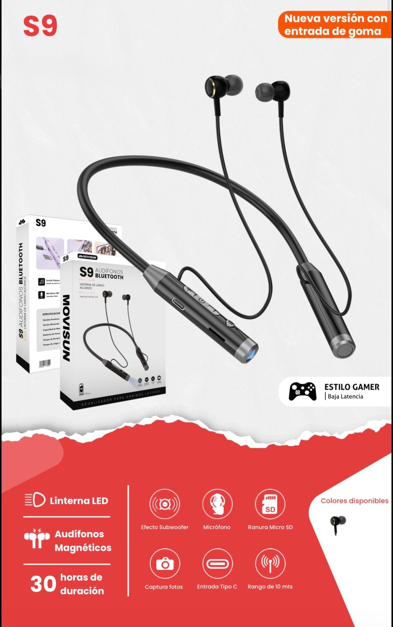 Auriculares Movisun S9,  Bluetooth de tipo cuellera diseñados principalmente para actividades deportivas y uso diario