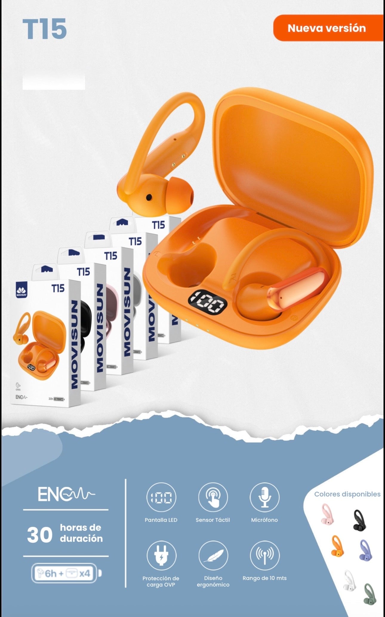 Auricular inalámbrico Movisun T15, específicamente en su "Nueva Versión" con diseño de gancho para la oreja