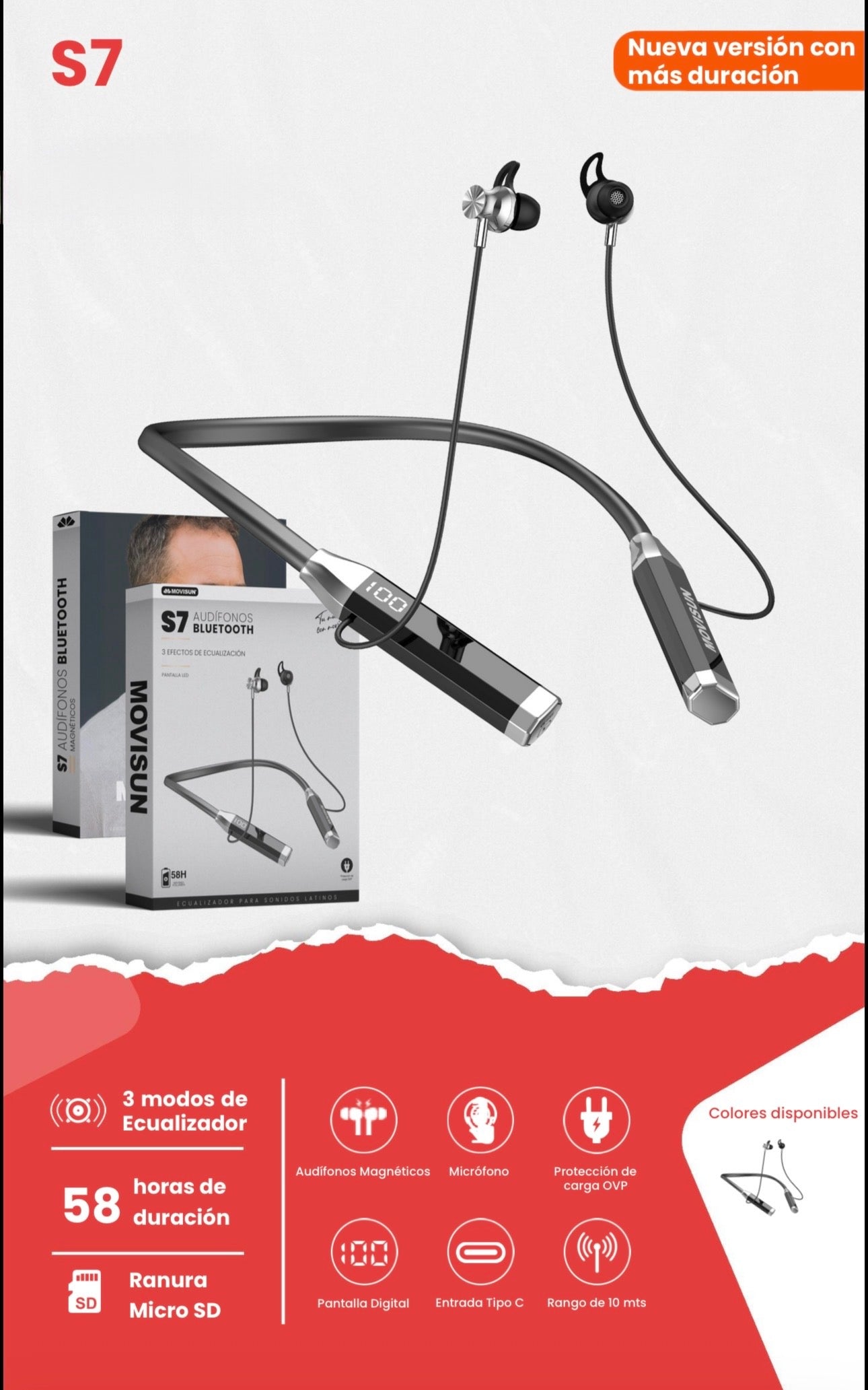 Auriculares Movisun S7 inalámbricos de tipo banda para el cuello ("neckband") diseñados para ofrecer versatilidad y una larga duración de batería