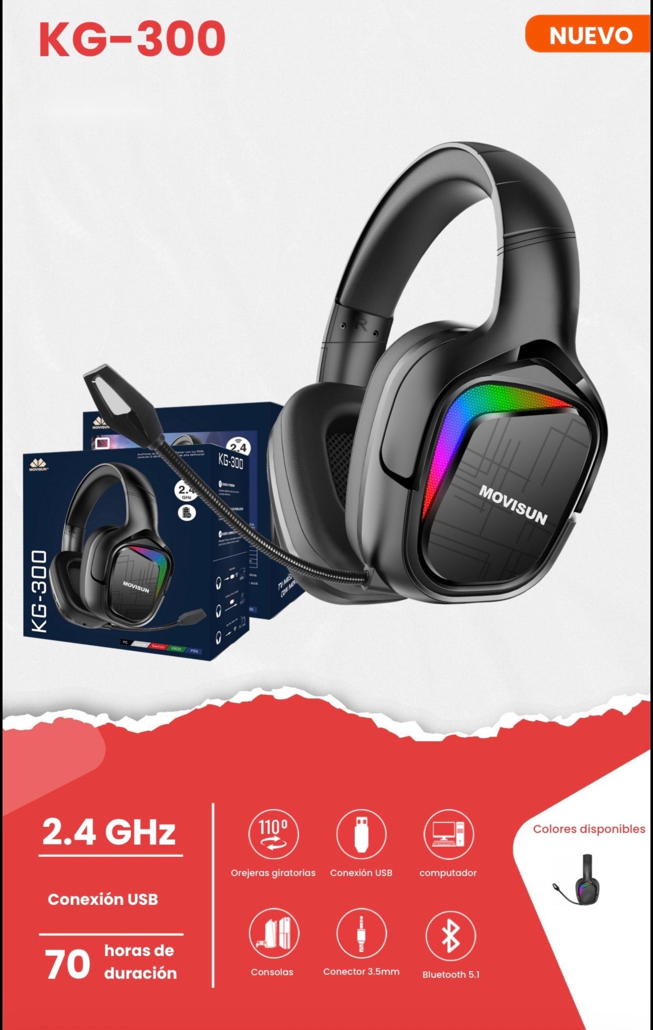diadema Movisun KG-300 es un auricular gamer inalámbrico diseñado para ofrecer versatilidad y una larga autonomía