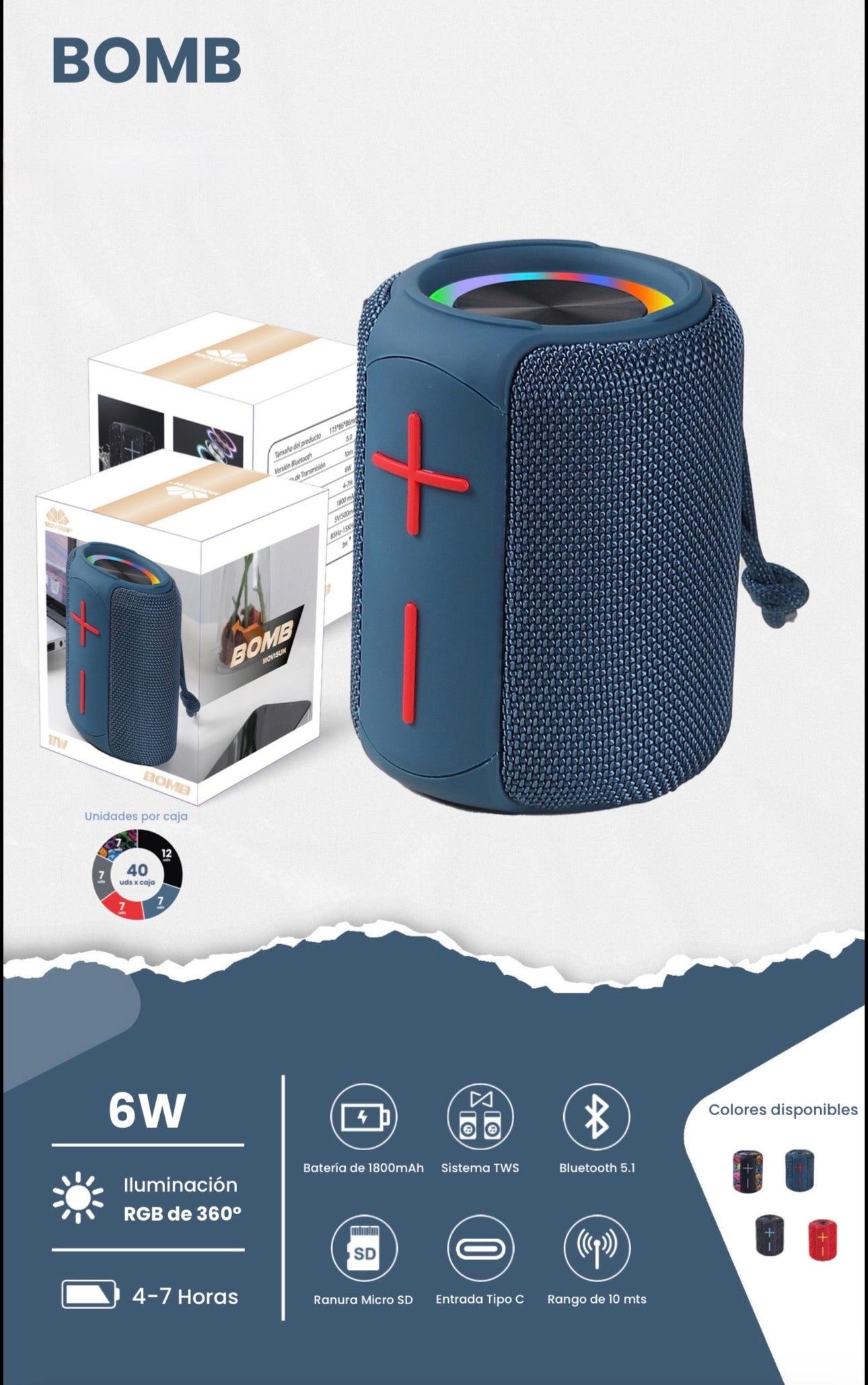 Parlante Inalámbrico Movisun Bomb, un altavoz portátil diseñado para ofrecer sonido envolvente y resistencia en exteriores