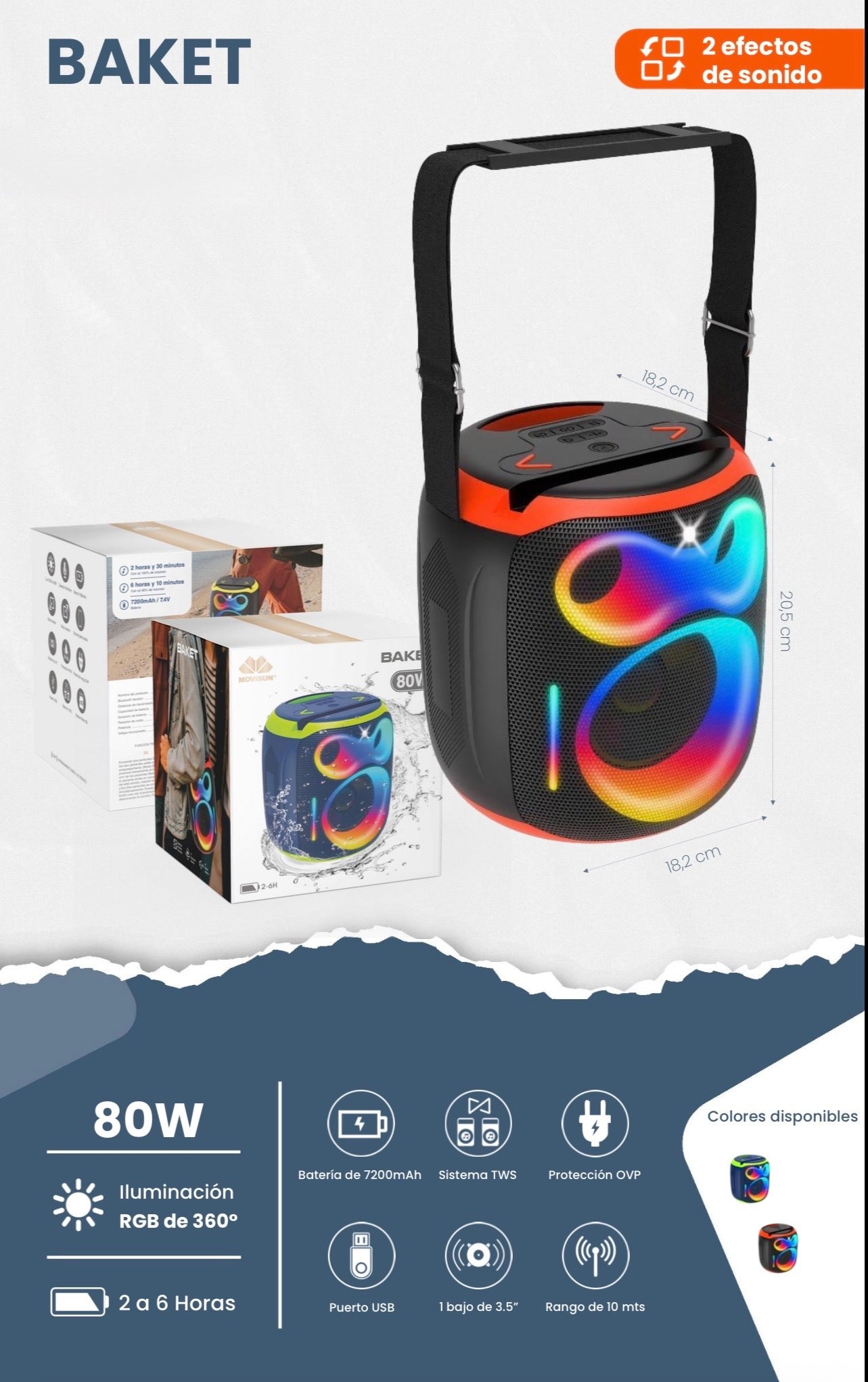 Movisun Baket, un altavoz Bluetooth de 80W de potencia real, diseñado para ofrecer un sonido potente y envolvente tanto en interiores como en exteriores