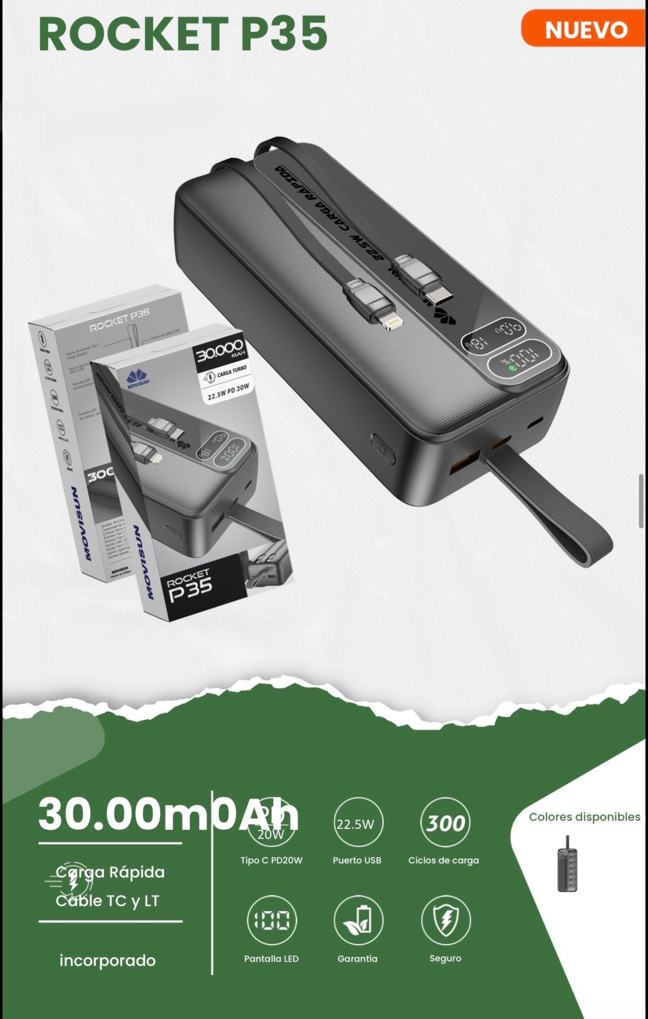 Power Bank 30.000mah Movisun Rocket P35, una batería portátil de alta capacidad diseñada para el uso intensivo diario o viajes largos