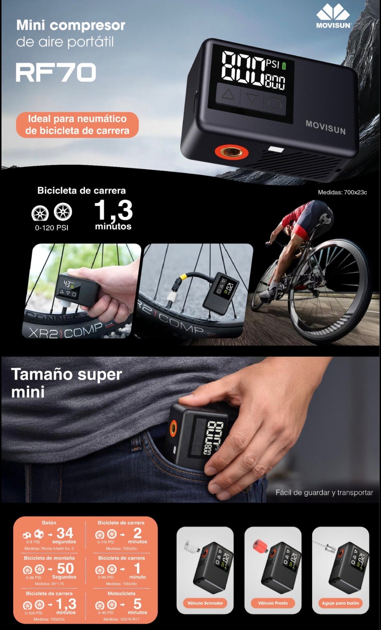 Mini Compresor de Aire Portátil Movisun RF-70, un dispositivo inalámbrico diseñado para inflar neumáticos de vehículos, bicicletas, balones y más