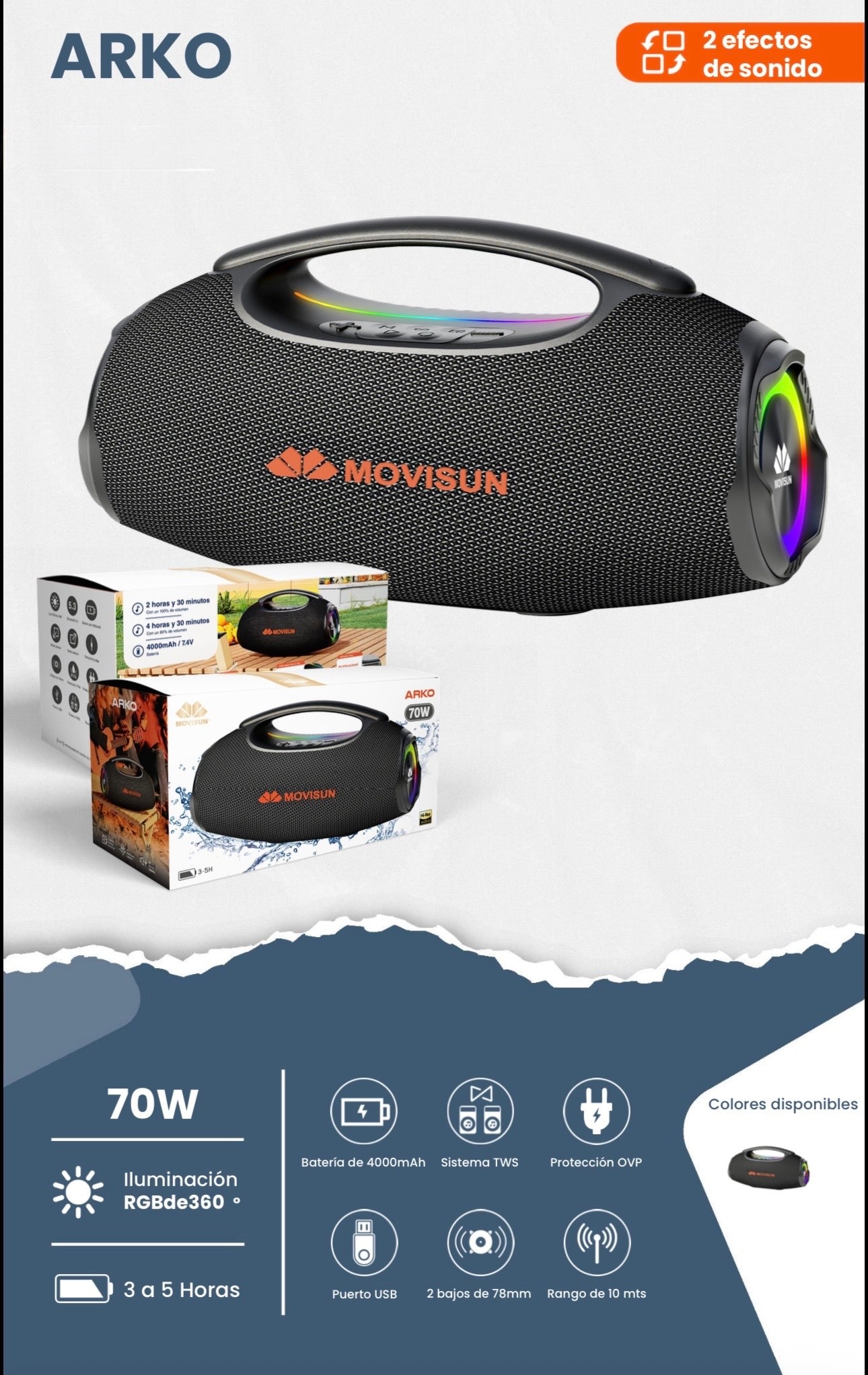 parlante Bluetooth Movisun Arko, un equipo portátil de alta potencia diseñado para exteriores y reuniones