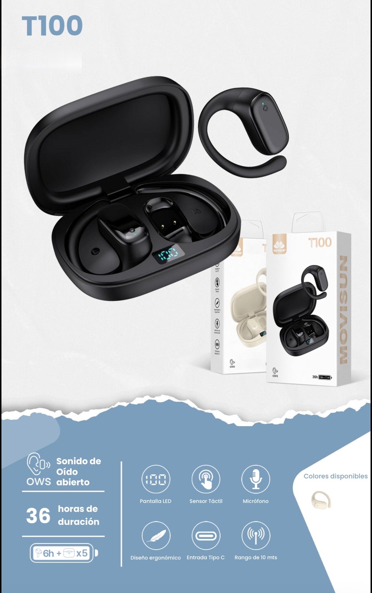 Auricular inalámbrico Movisun T100, un modelo de tipo OWS (Open Wearable Stereo)