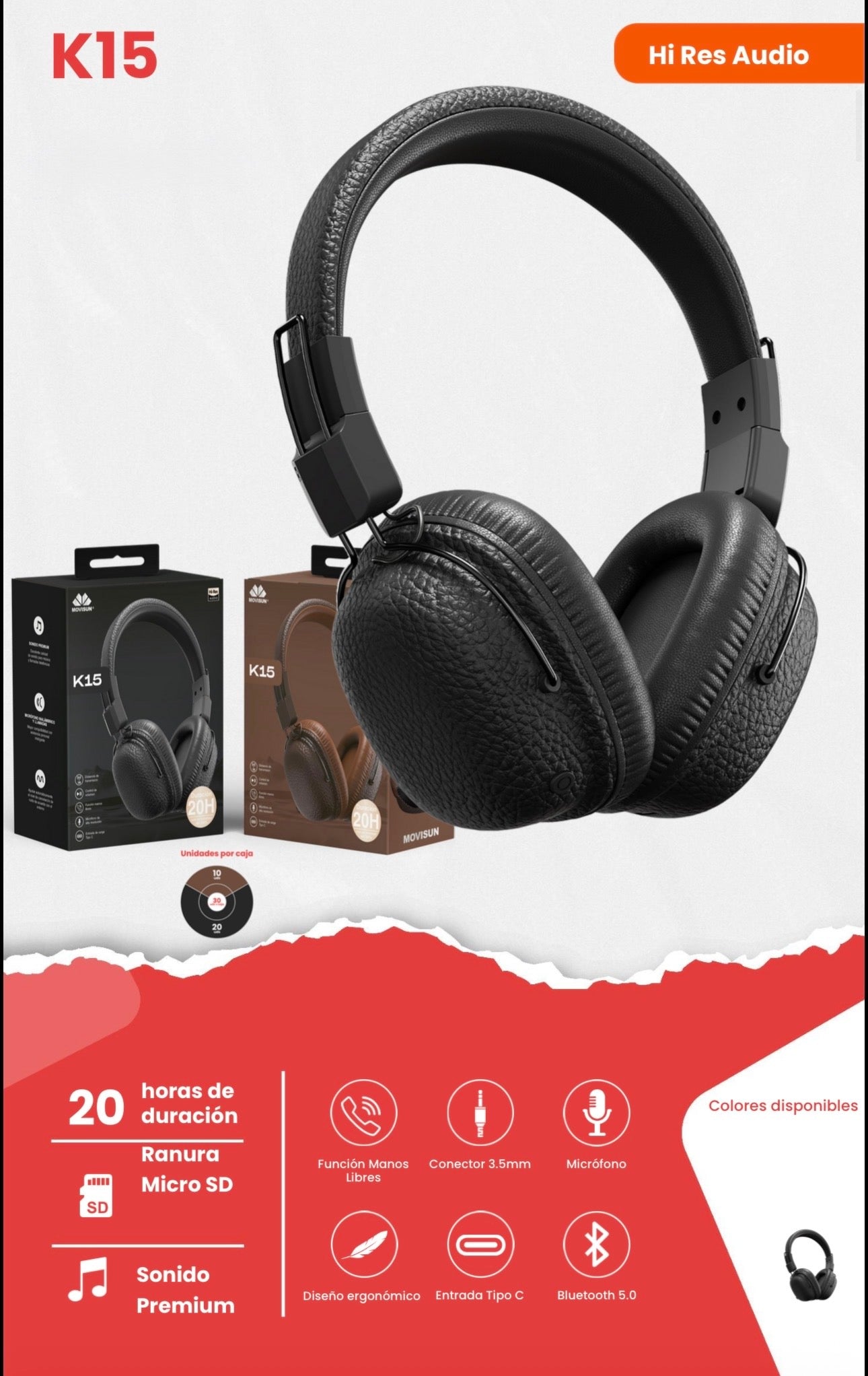 Diadema Movisun K15, un modelo inalámbrico diseñado con una estética retro que imita la textura del cuero