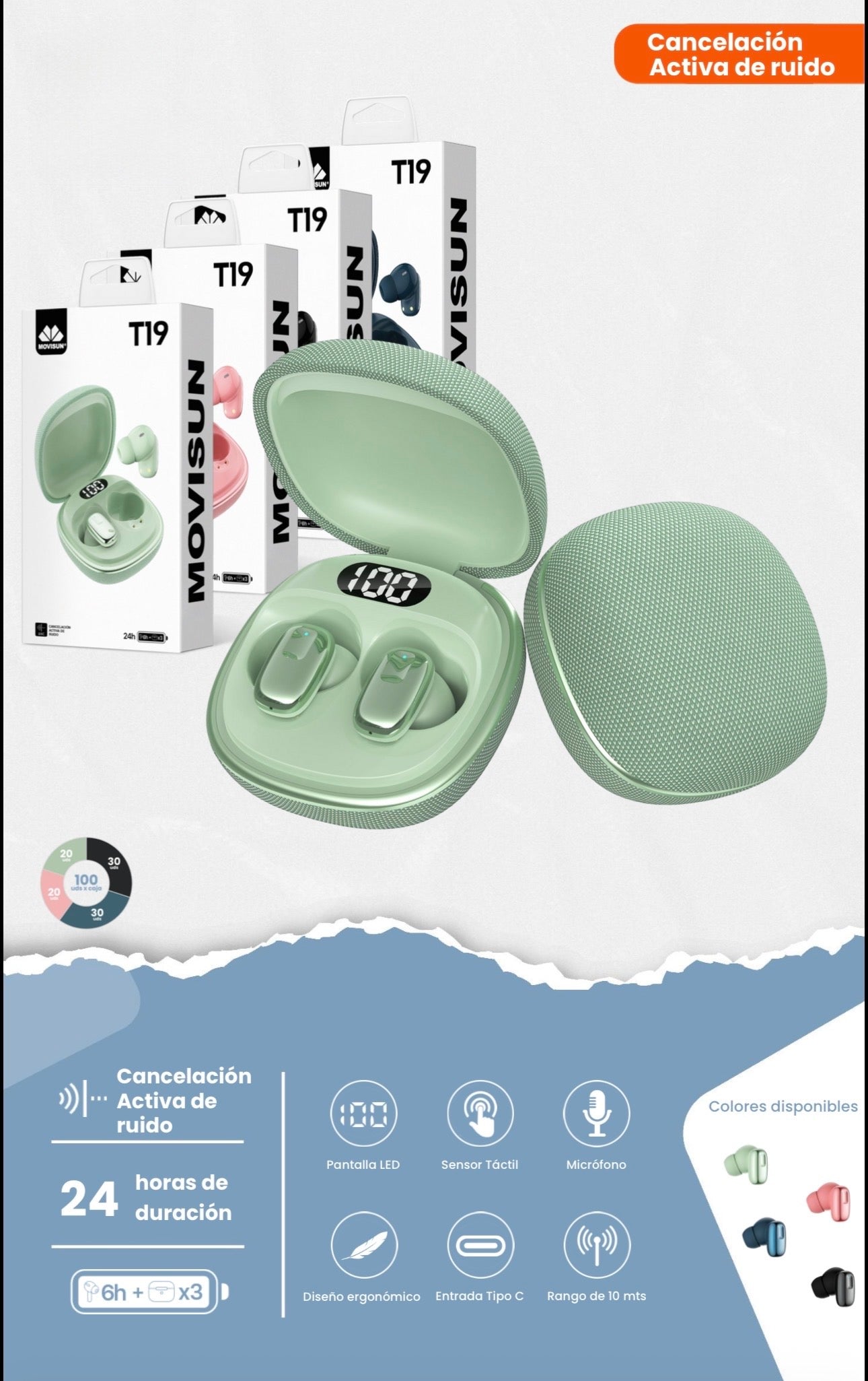 Auricular inalámbrico Movisun T19, TWS (True Wireless Stereo)