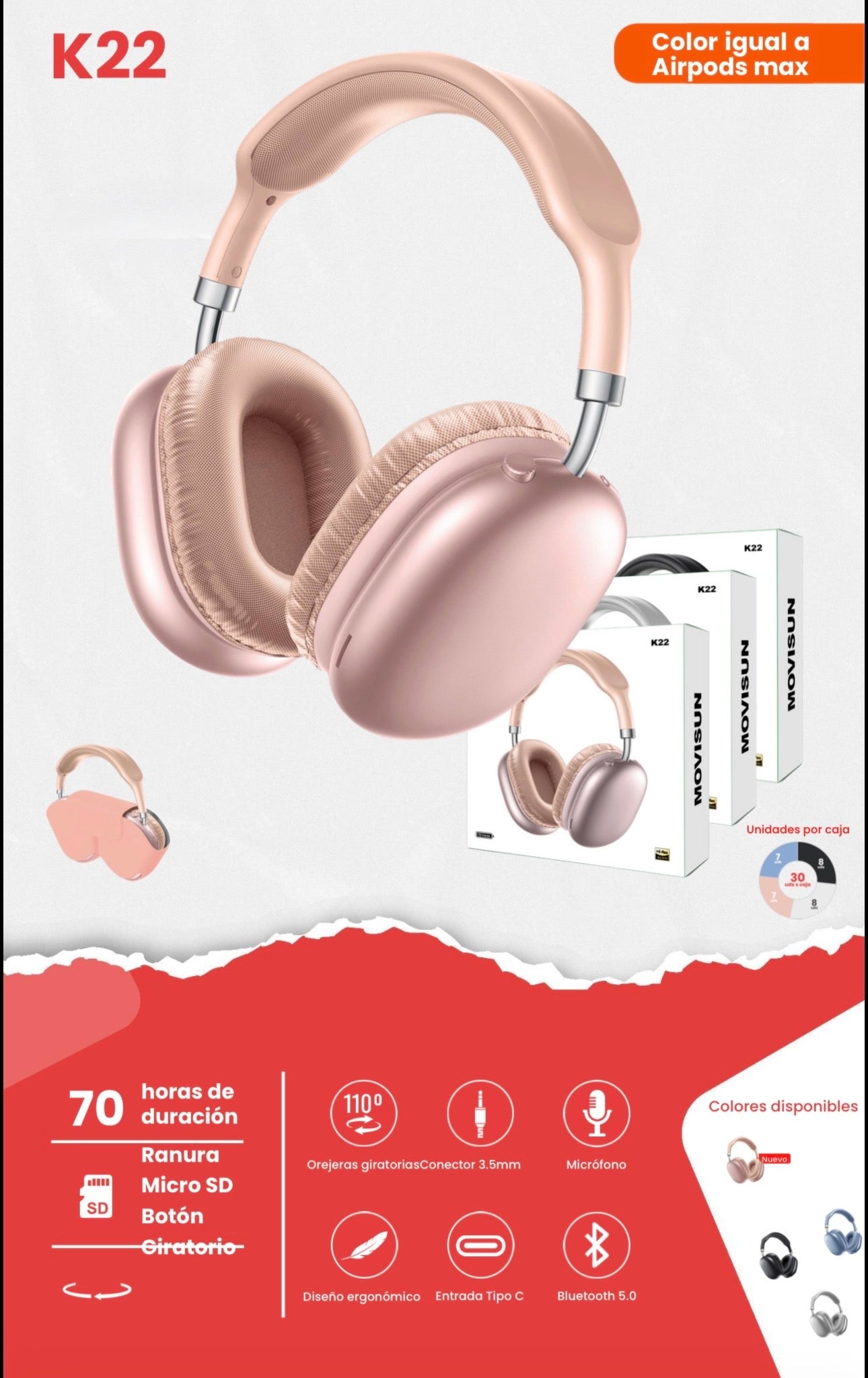 Diadema Movisun K22, un modelo inalámbrica diseñado en Colombia que destaca por su extensa autonomía y diseño ergonómico y premium