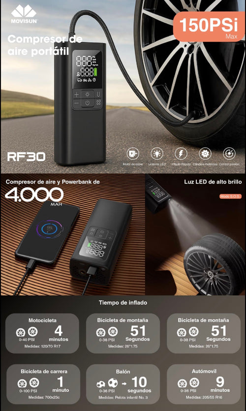 Compresor de aire Movisun RF-30, portátil multifuncional que también actúa como batería externa (Powerbank 4000mah) para cargar dispositivos móviles