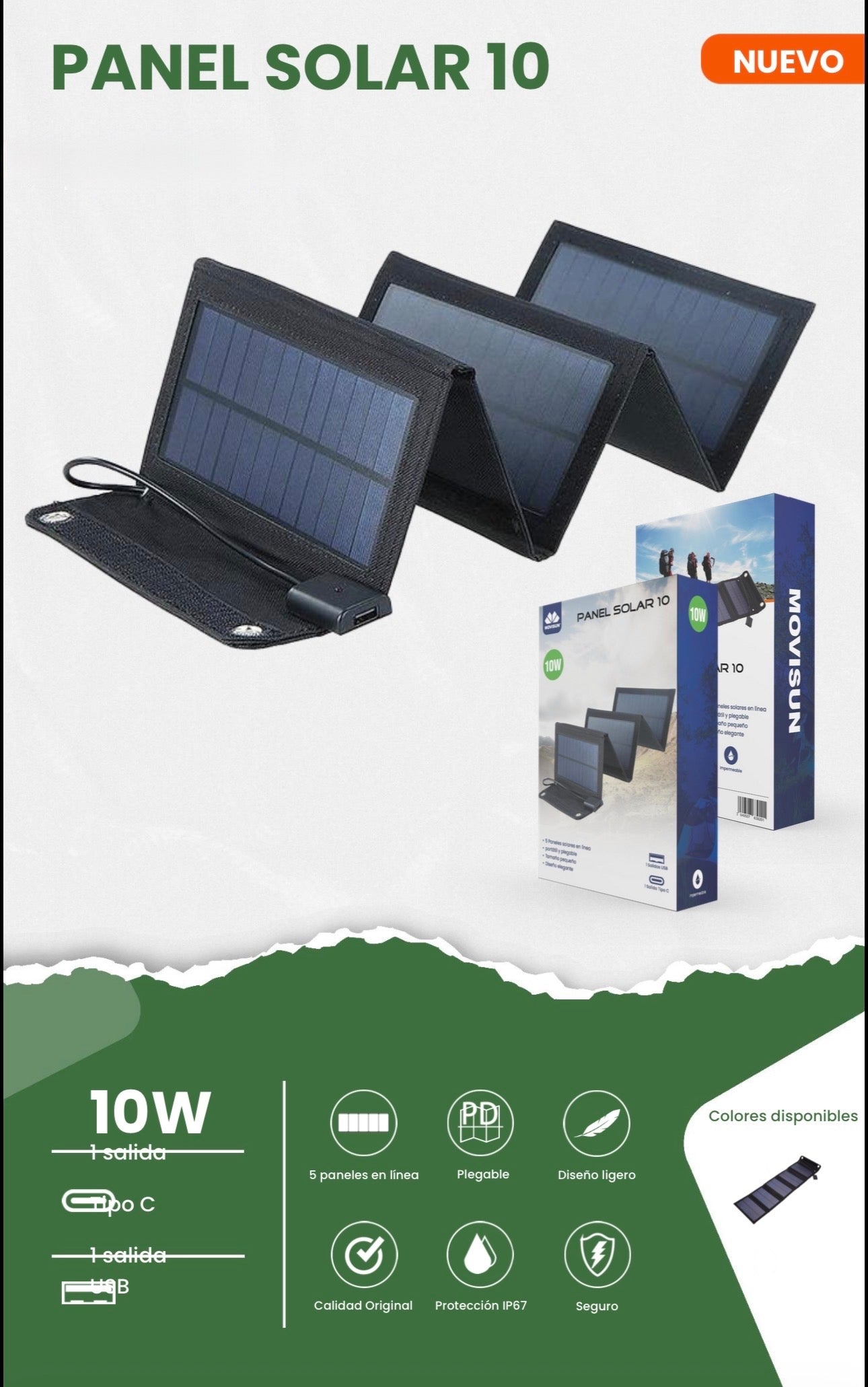Panel Solar Movisun 10, un cargador solar plegable diseñado para dispositivos móviles y actividades al aire libre