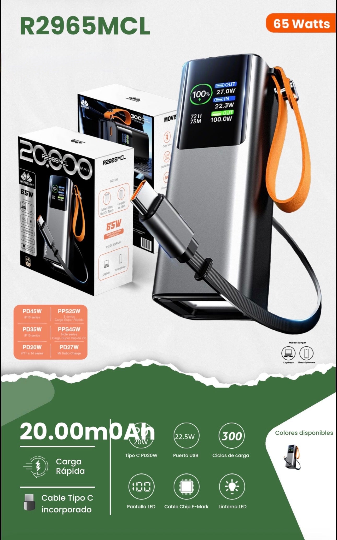 Power Bank 20.000mahMovisun R2965MCL, un cargador portátil de alta capacidad diseñado para dispositivos exigentes como laptops y smartphones de última generación