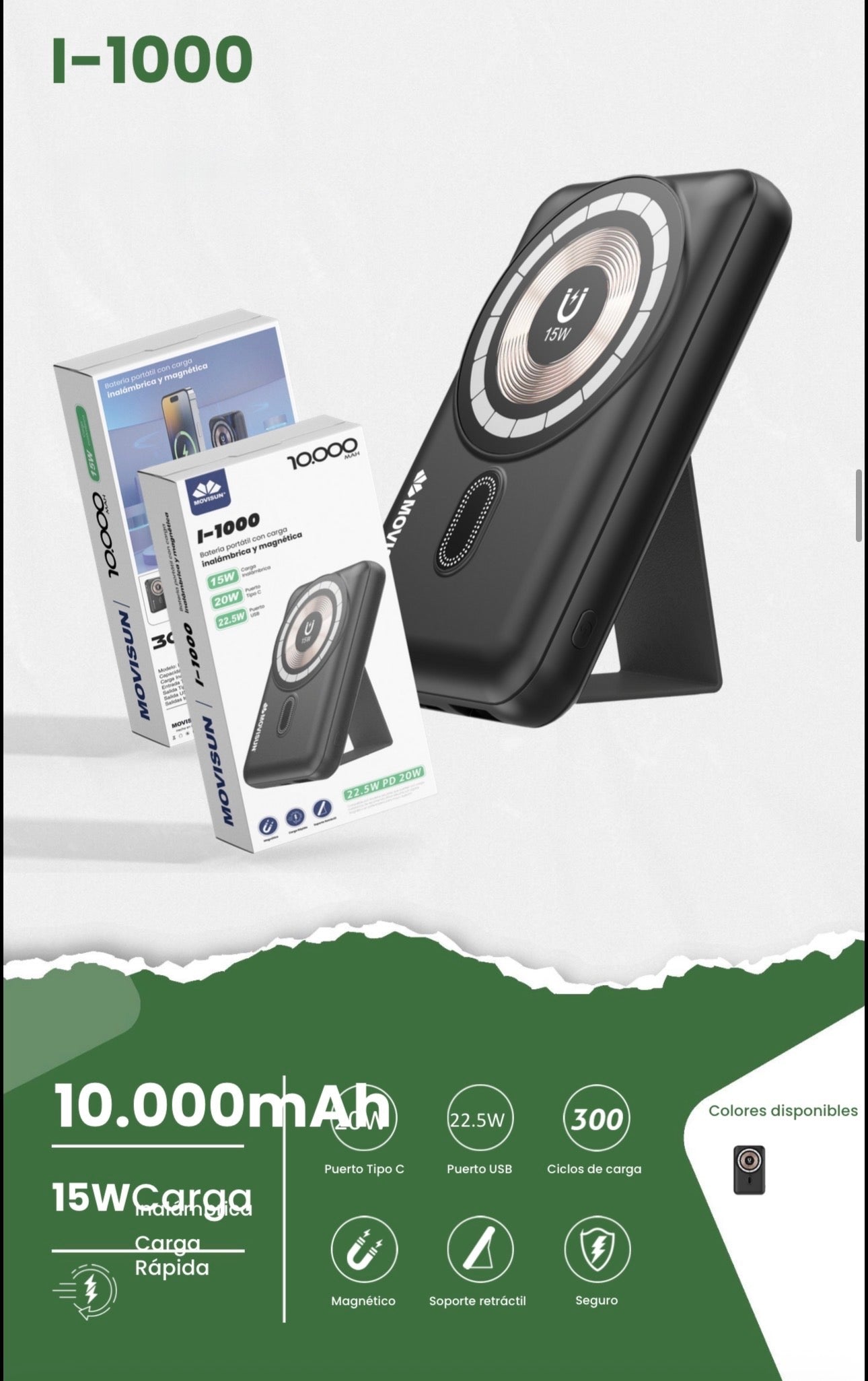 Power bank 10.000mah portatil Movisun I-1000, diseñada para ofrecer una solución de carga versátil y de alta capacidad