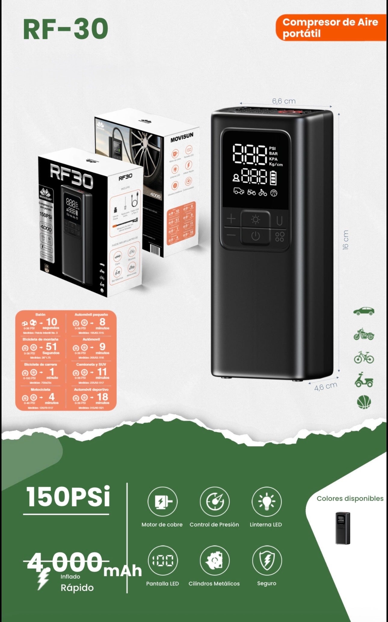 Compresor de aire Movisun RF-30, portátil multifuncional que también actúa como batería externa (Powerbank 4000mah) para cargar dispositivos móviles