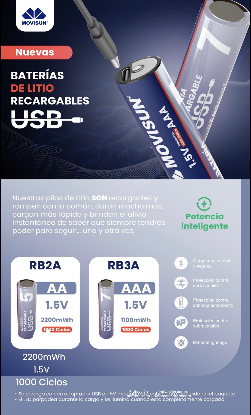 pilas de litio recargables Movisun RB3A (tamaño AAA).