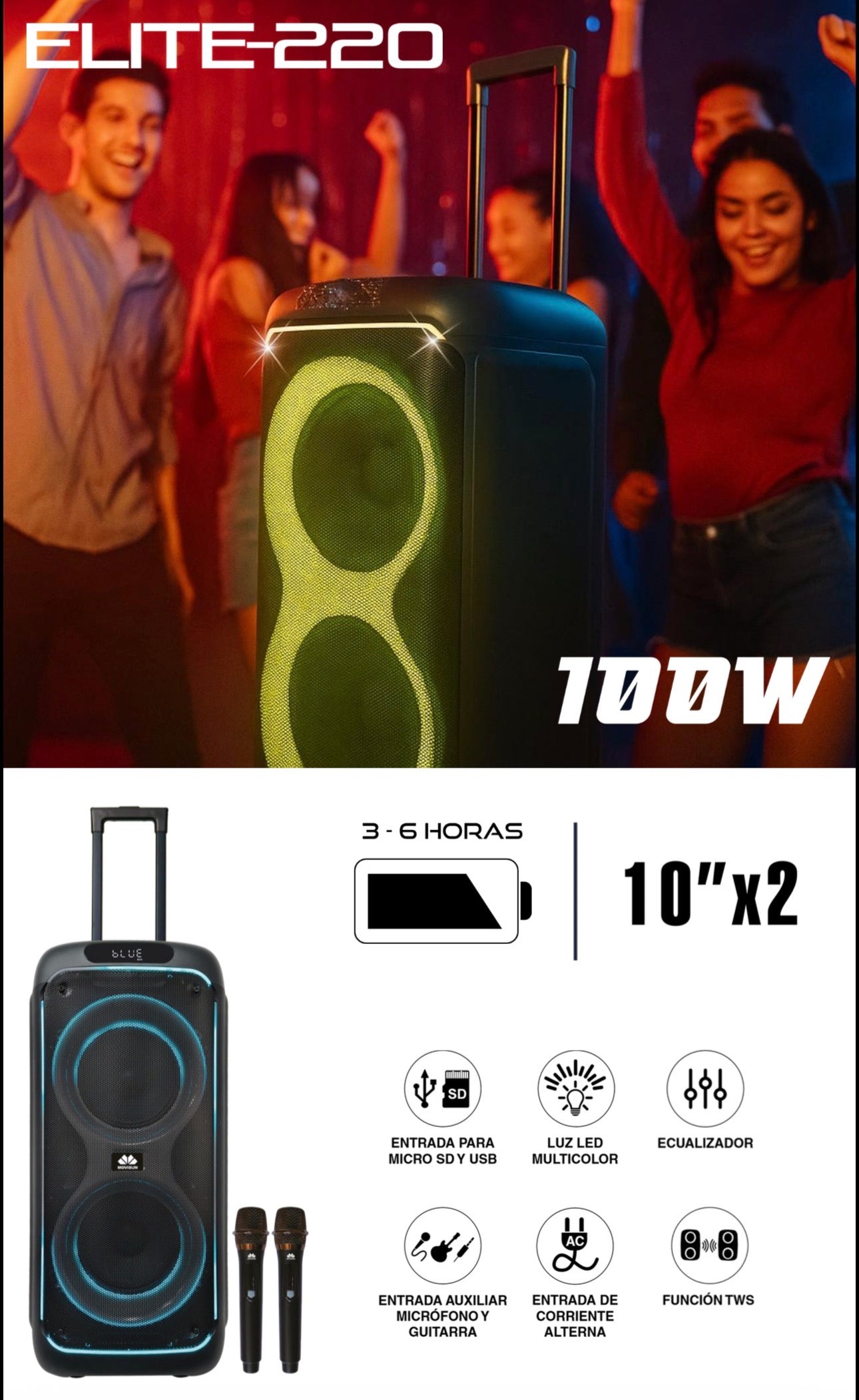 La cabina amplificada Movisun Elite 220 es un sistema de sonido portátil tipo torre diseñado para fiestas y eventos de karaoke. Se destaca por su potencia de 100W y un sistema de iluminación LED RGB de 360° que crea un ambiente festivo