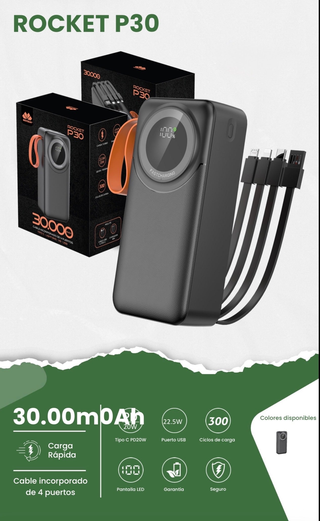 Power Bank Movisun Rocket P30 con una capacidad masiva de 30,000 mAh. Está diseñado para ser un cargador portátil de alta eficiencia