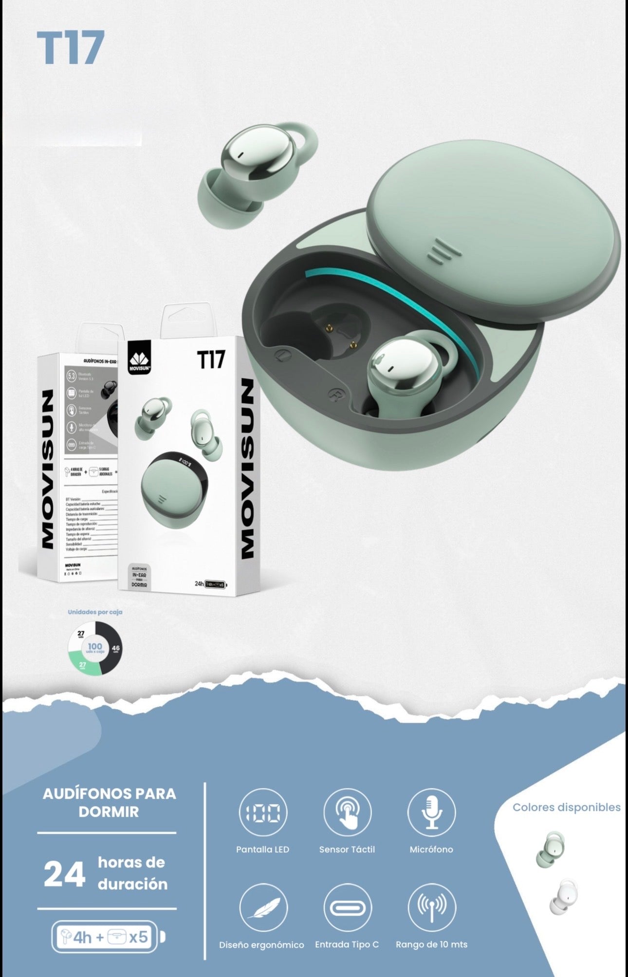 Auricular inalámbrico Movisun T17, un modelo inalámbrico diseñado específicamente para ser cómodo incluso al dormir