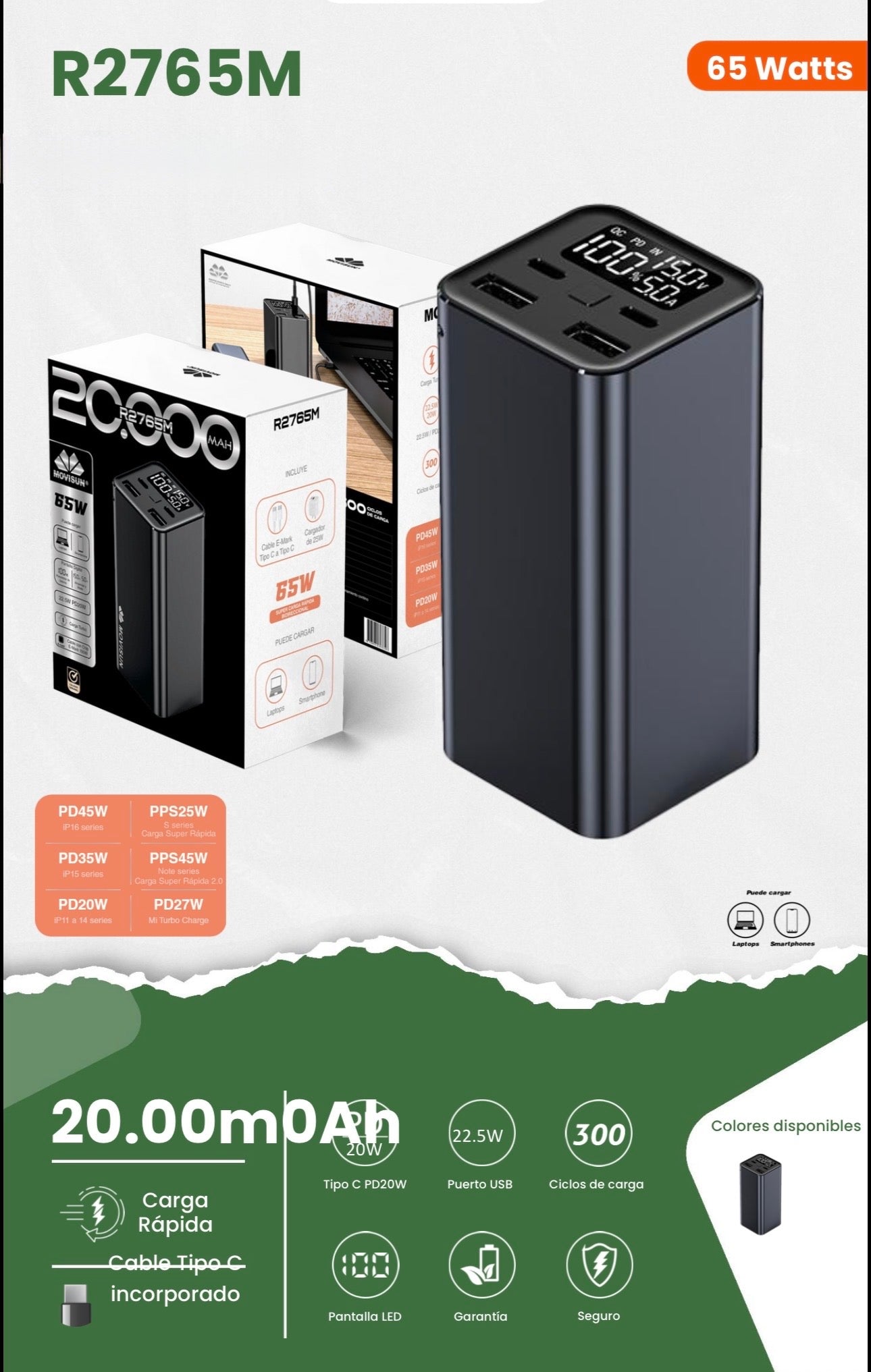 Power Bank 20.000mah Movisun R2765M, un cargador portátil de alta capacidad diseñado para cargar dispositivos exigentes como computadoras portátiles y teléfonos inteligentes de última generación
