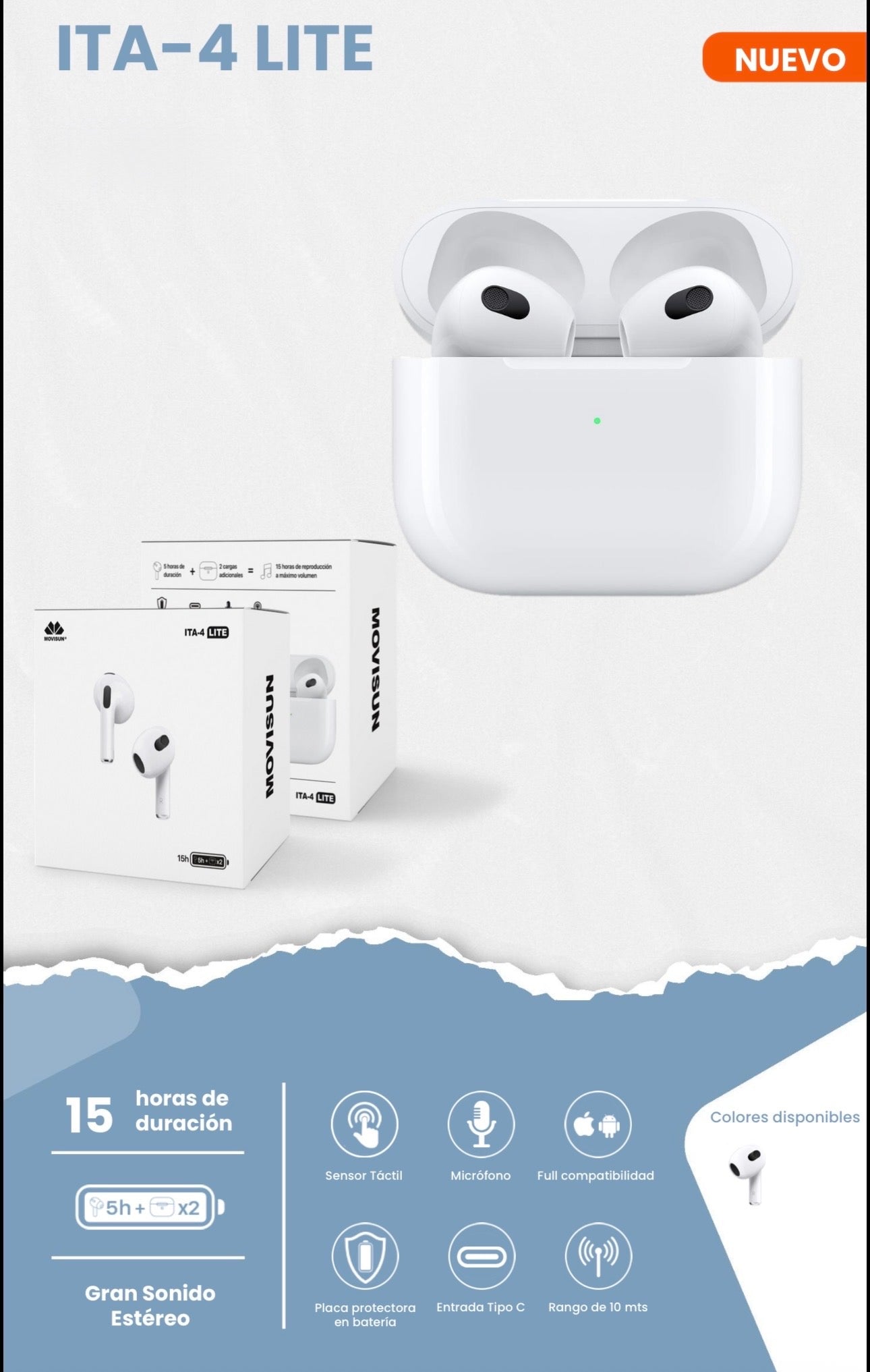 audífonos inalámbricos ITA-4 LITE de la marca Movisun. Este modelo presenta un diseño inspirado en los AirPods de tercera generación de Apple