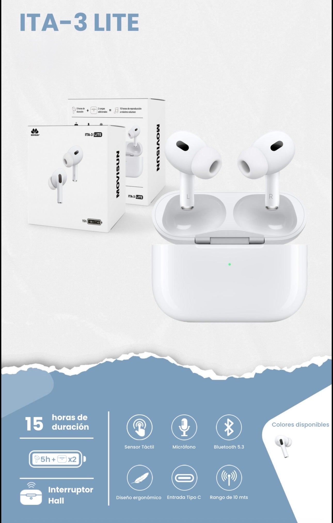 audífonos inalámbricos Movisun ITA-3 Lite, presentados con su estuche de carga en color blanco
