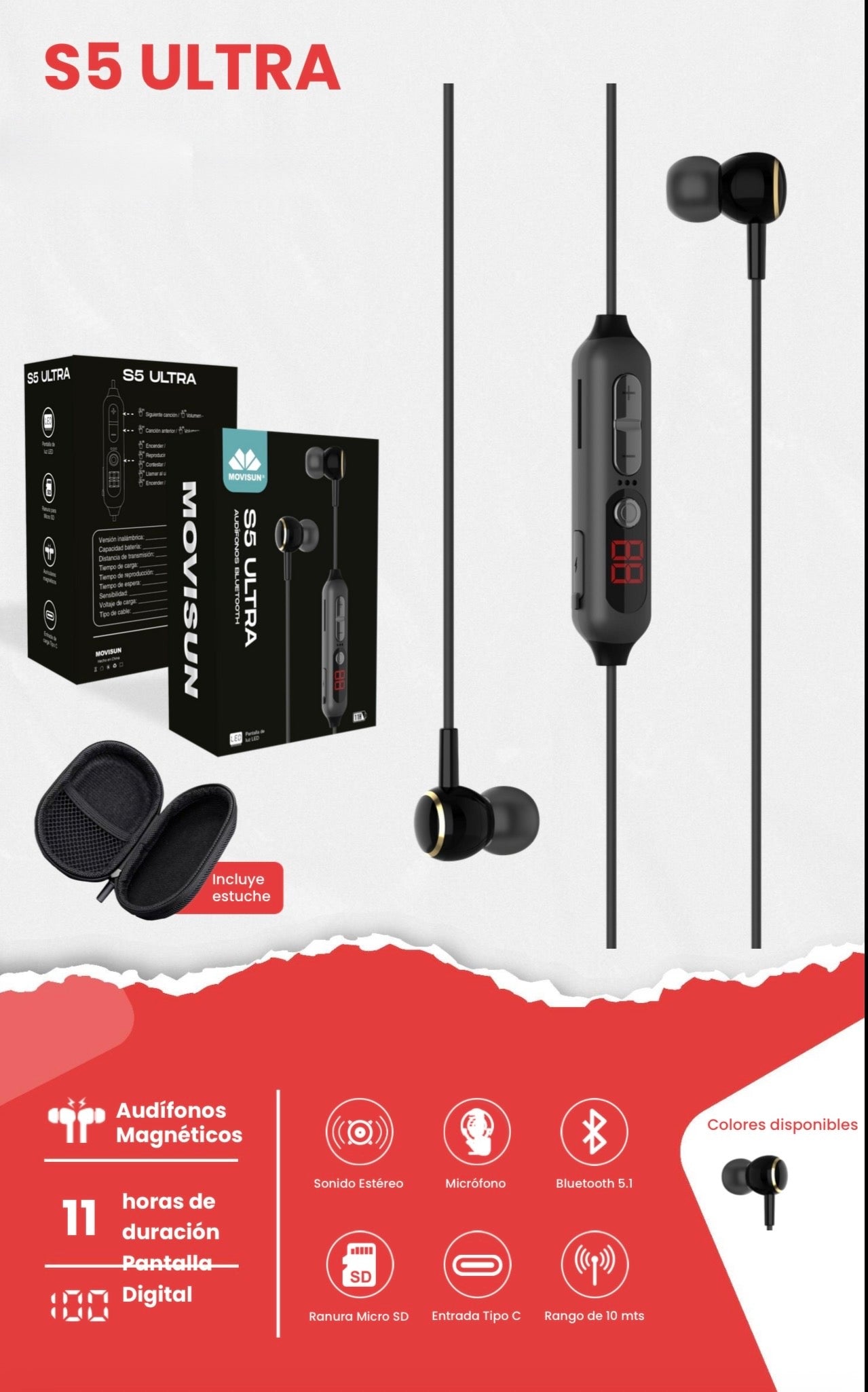 audífonos Movisun S5 Ultra son un modelo inalámbrico de tipo "neckband" (collar)