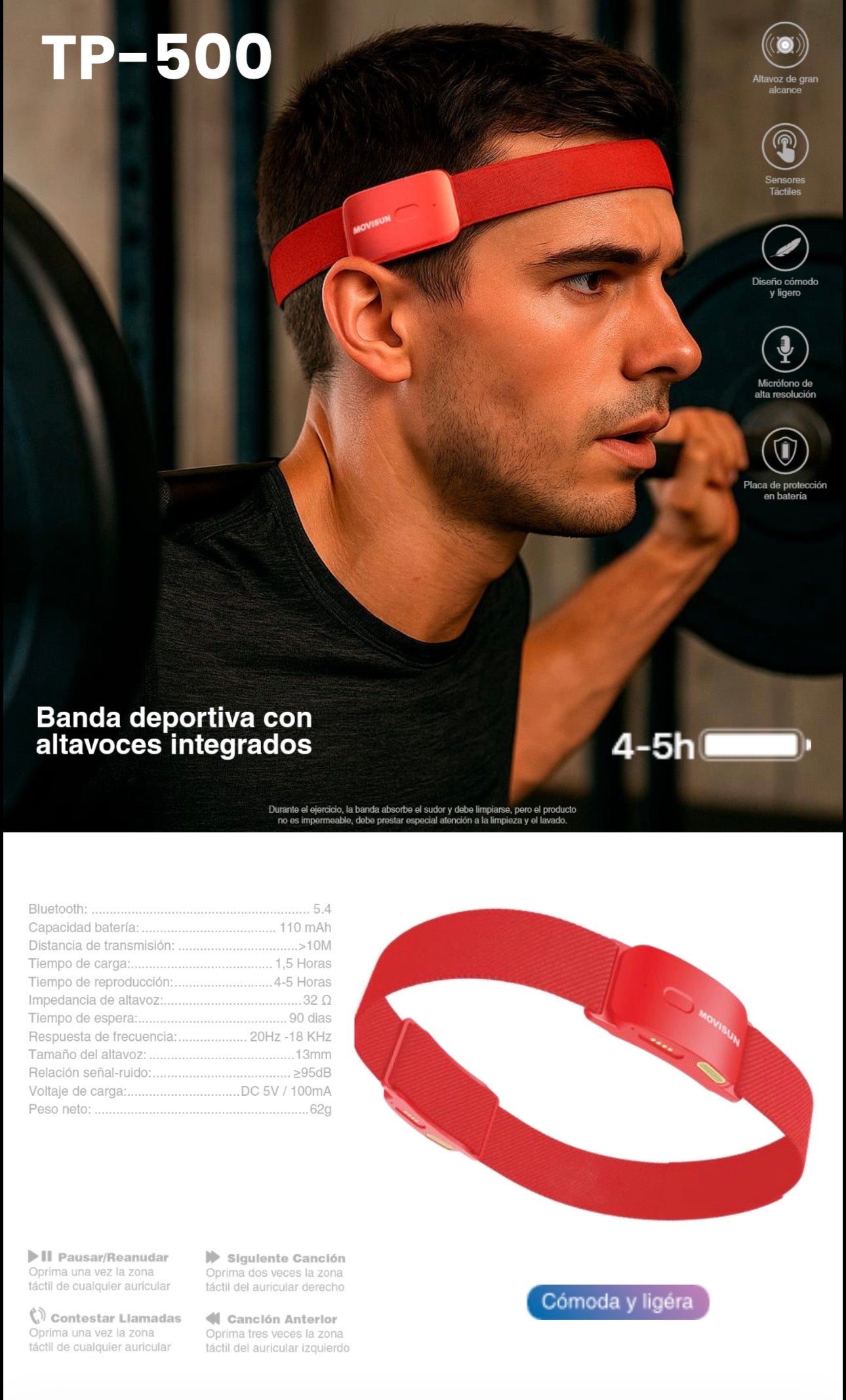 Banda deportiva Movisun tp-500 con altavoces integrados