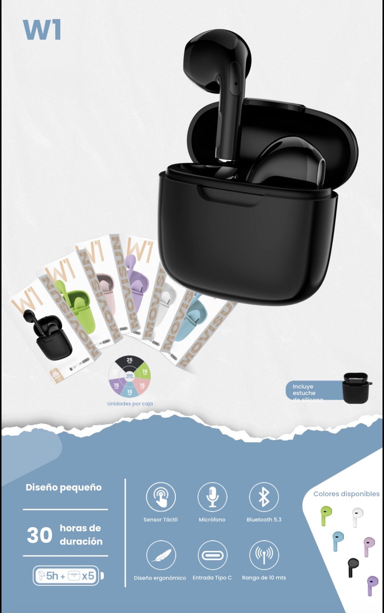 Auricular inalámbrico Movisun W1 Lite, un modelo de auriculares inalámbricos Bluetooth de diseño compacto