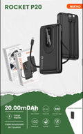 Power bank 20.000mah Movisun Rocket P20, un cargador externo de 20,000 mAh diseñado para ofrecer carga rápida y versatilidad gracias a sus cables integrados