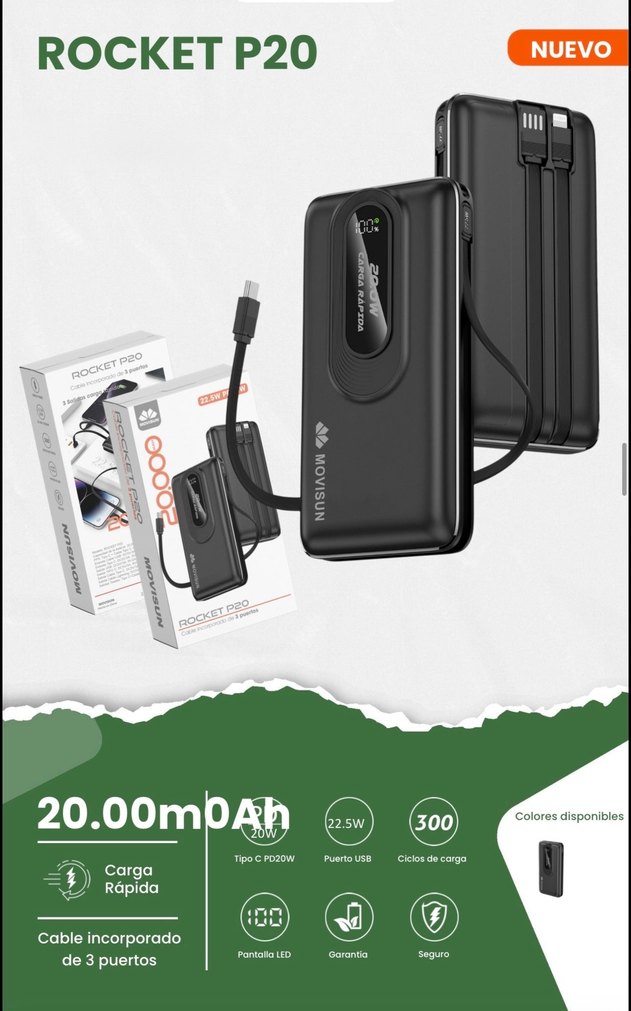 Power bank 20.000mah Movisun Rocket P20, un cargador externo de 20,000 mAh diseñado para ofrecer carga rápida y versatilidad gracias a sus cables integrados